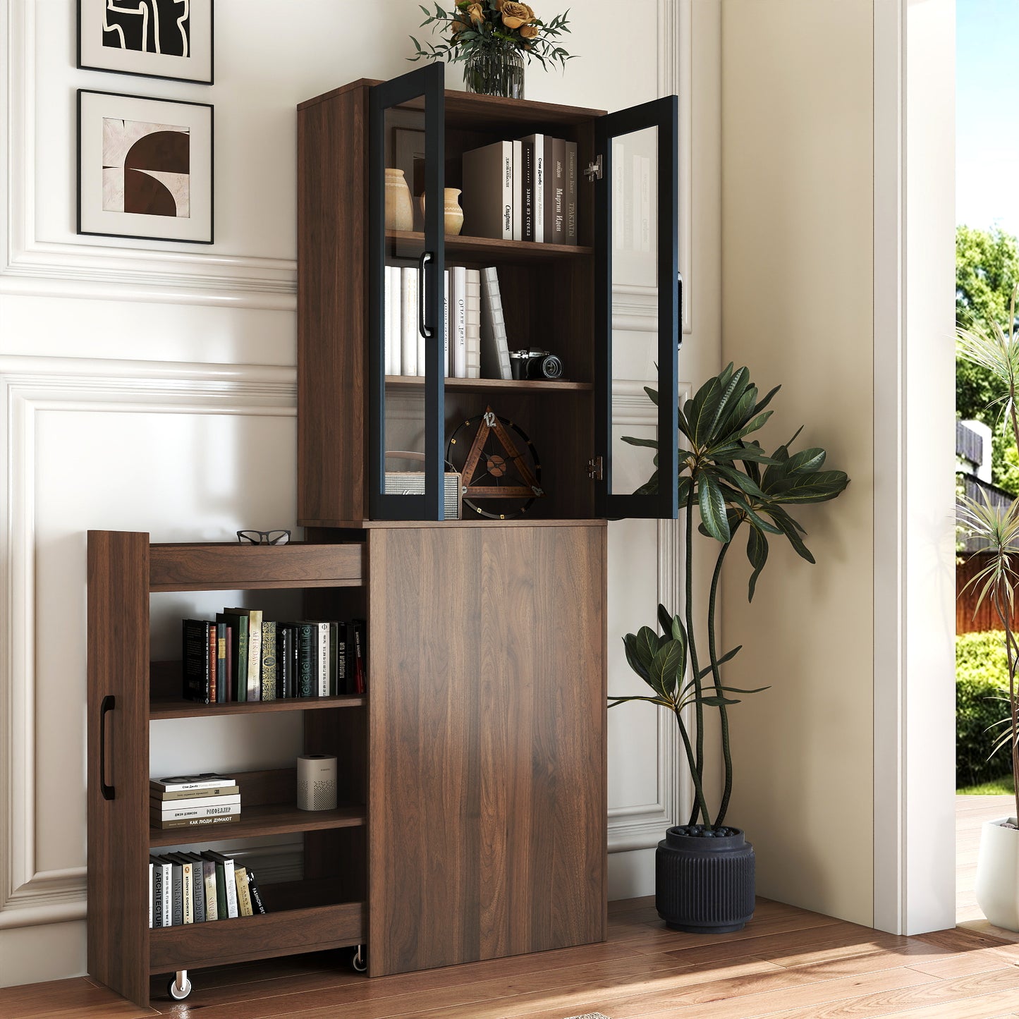 70.87 H Display Storage Cabinet , 4 Tier Multi-functional Pull-out Multi-tier Storage Shelf & 2 Glass Doors, Modern Wooden Kitchen Pantry Cabinet For Living Room Or Kitchen And Dinning Room
