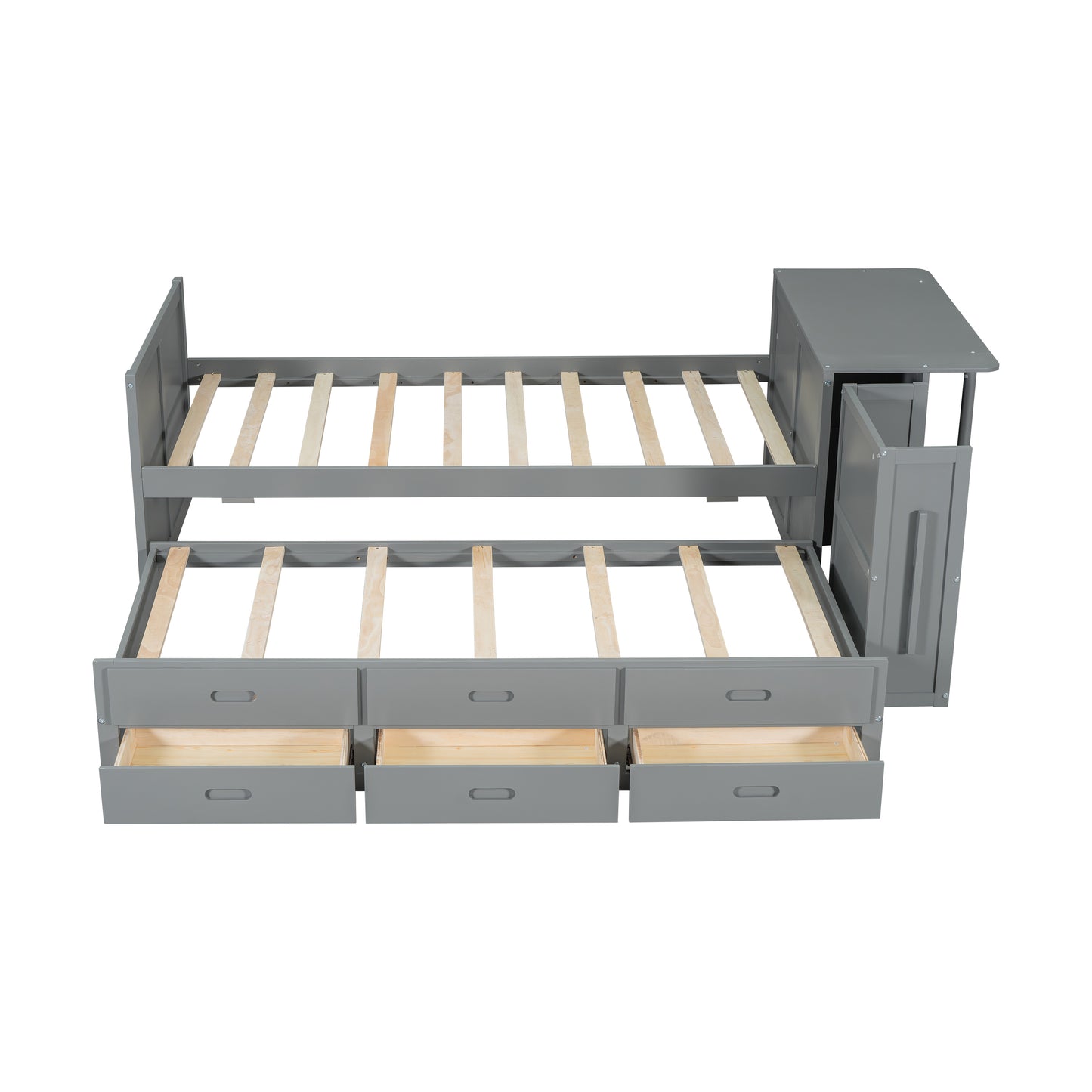 Twin Size Multifunctional Wood Platform Bed With Desk And Storage Shelf At The End Of The Bed, Built-in Trundle And 3 Drawers, Gray