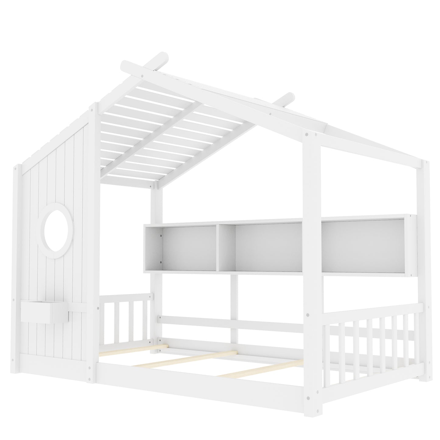 Twin Size Floor House Bed For Toddler, Kids Montessori Bed With Storage Shelf, Playhouse Bed With Roof Design, White