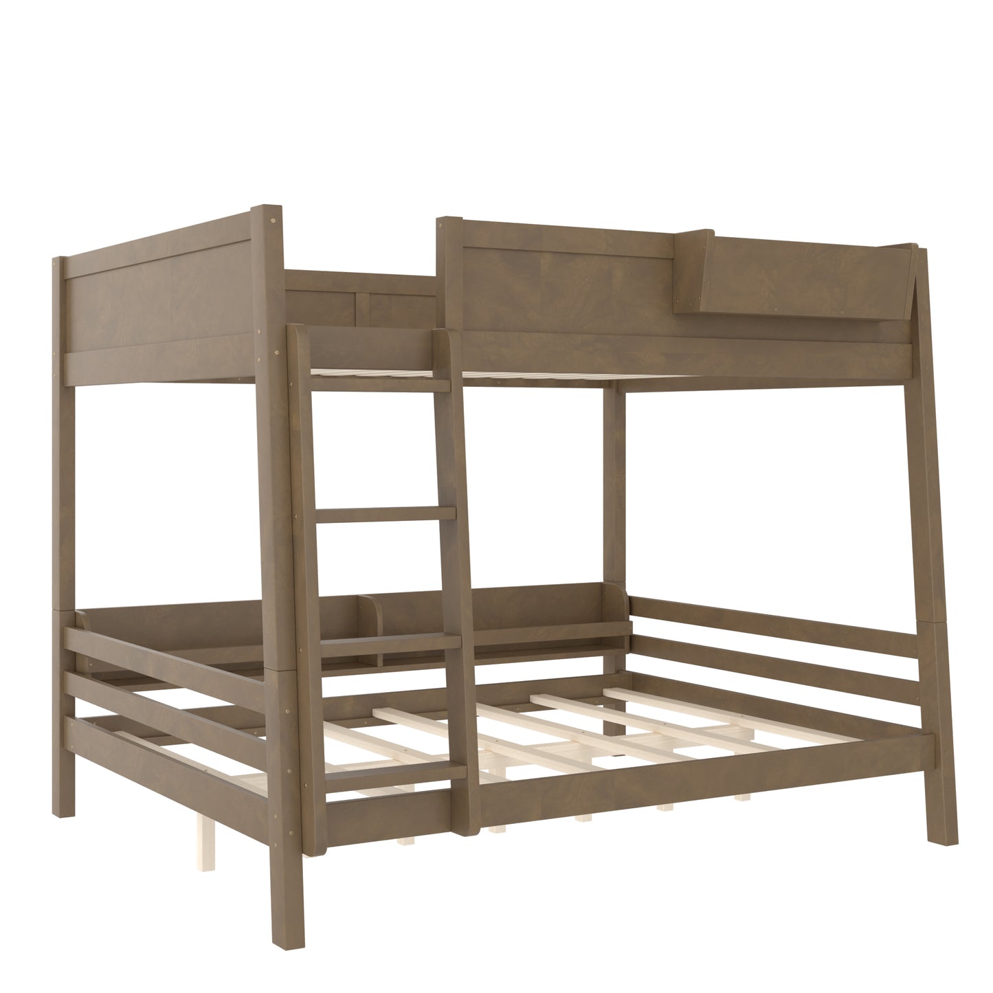 Queen Bunk Bed With Storage Shelf And Bookshelf,Wood Bunk Bed With Ladder And Guardrails,Detachable Design,Vintage Brown