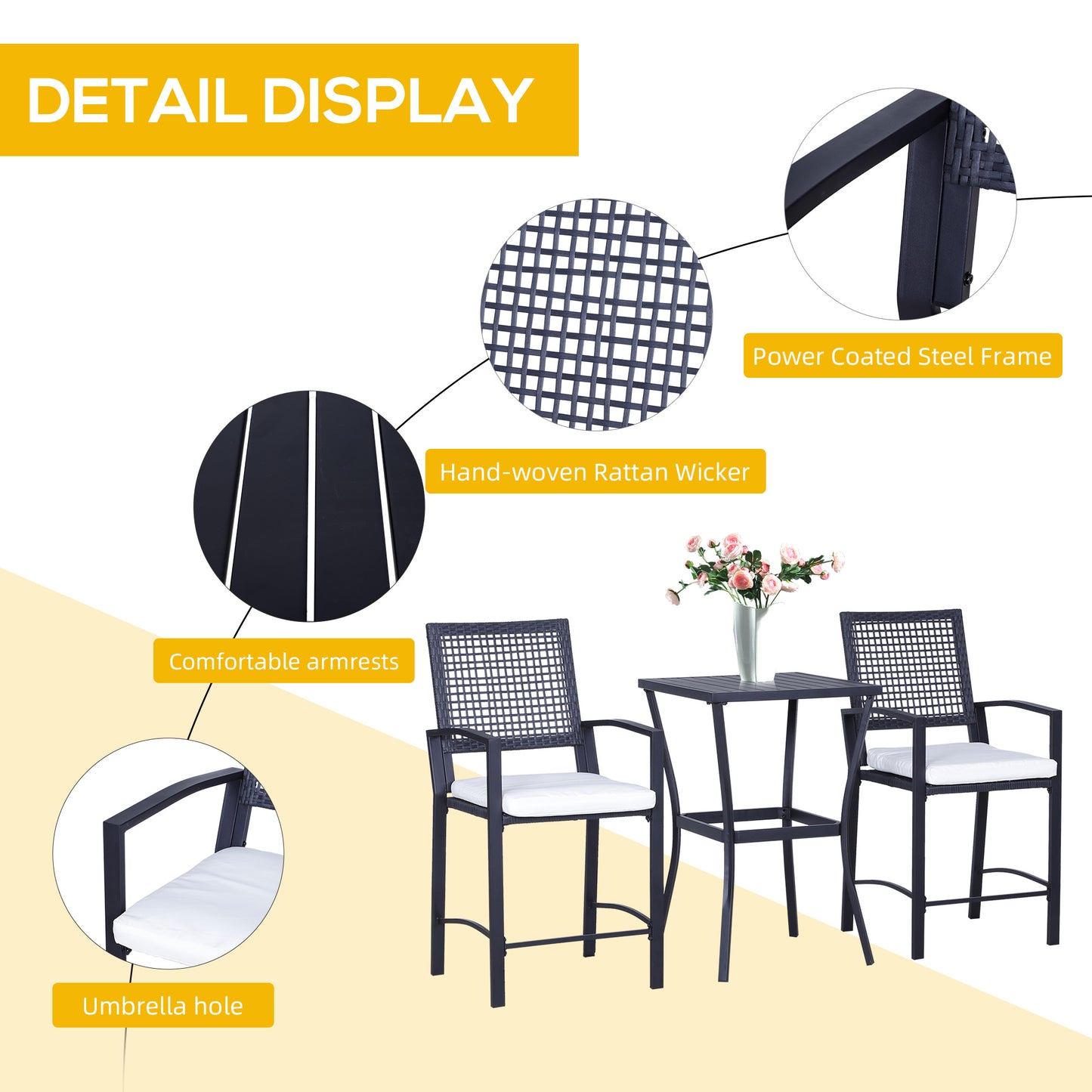 3pcs Patio Bar Set With Soft Cushion, Rattan Wicker Outdoor Furniture Set For Backyards, Lawn, Deck, Poolside
