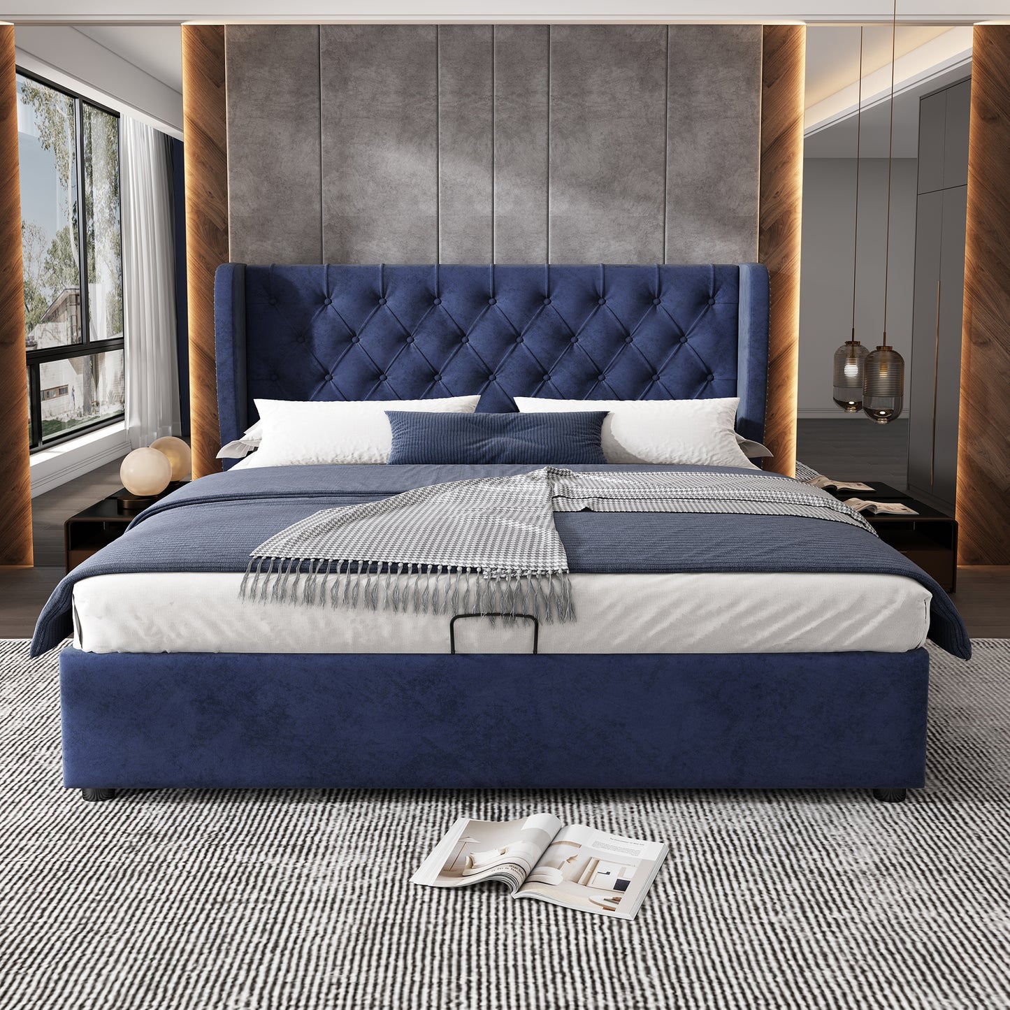 Upholstered Bed, With Hydraulic Lever, Functional Bed From Storage, 135 X 190 Cm, Without Mattress, Velvet, Blue