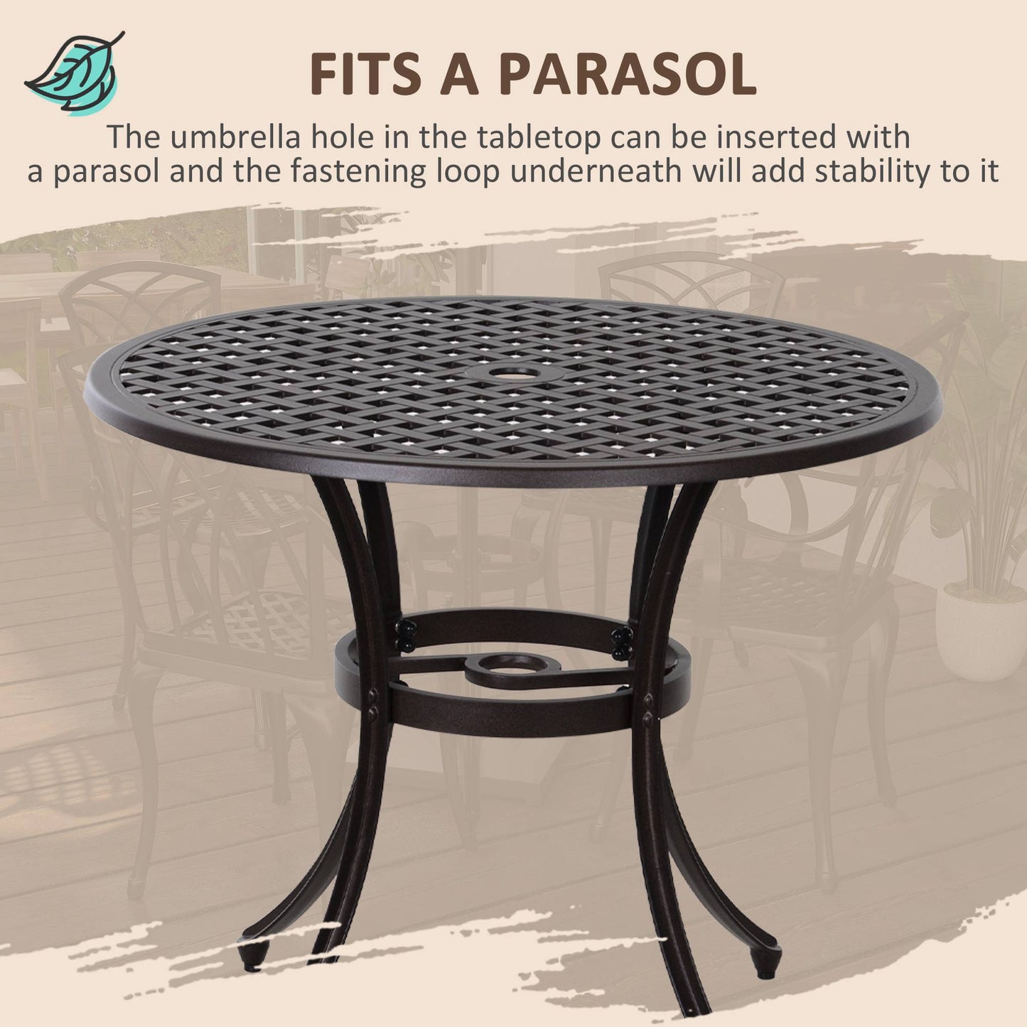 5 Pieces Garden Dining Set For 4, Cast Aluminium Outdoor Dining Set With 4 Armchairs And Round Dining Table With Parasol Hole, Garden Furniture Set, Brown