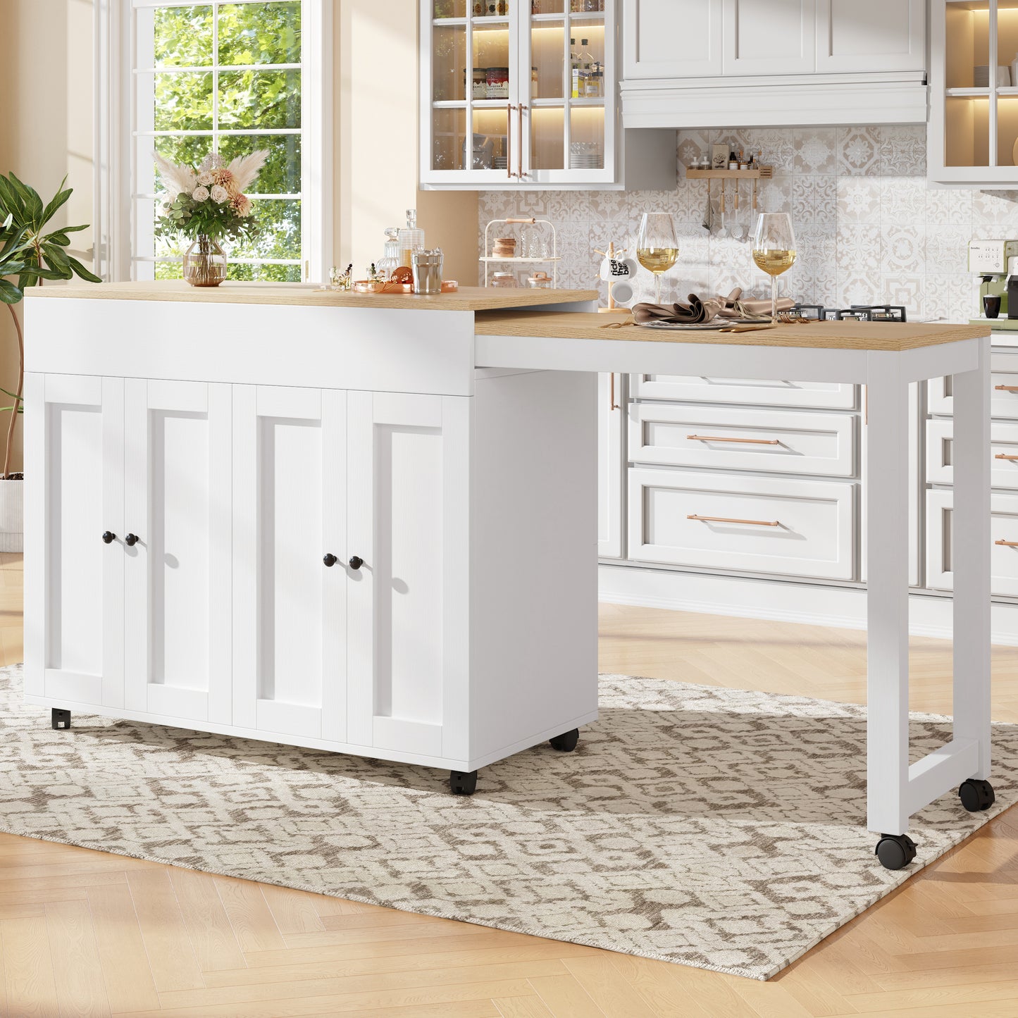 Modern Extendable Bar Table 118-180x50x94cm, Extendable Dining Table With Storage, With Six Shelves, Standing Table Bistro Table, For Dining Room, Use As Living Room Room Divider, White Gray