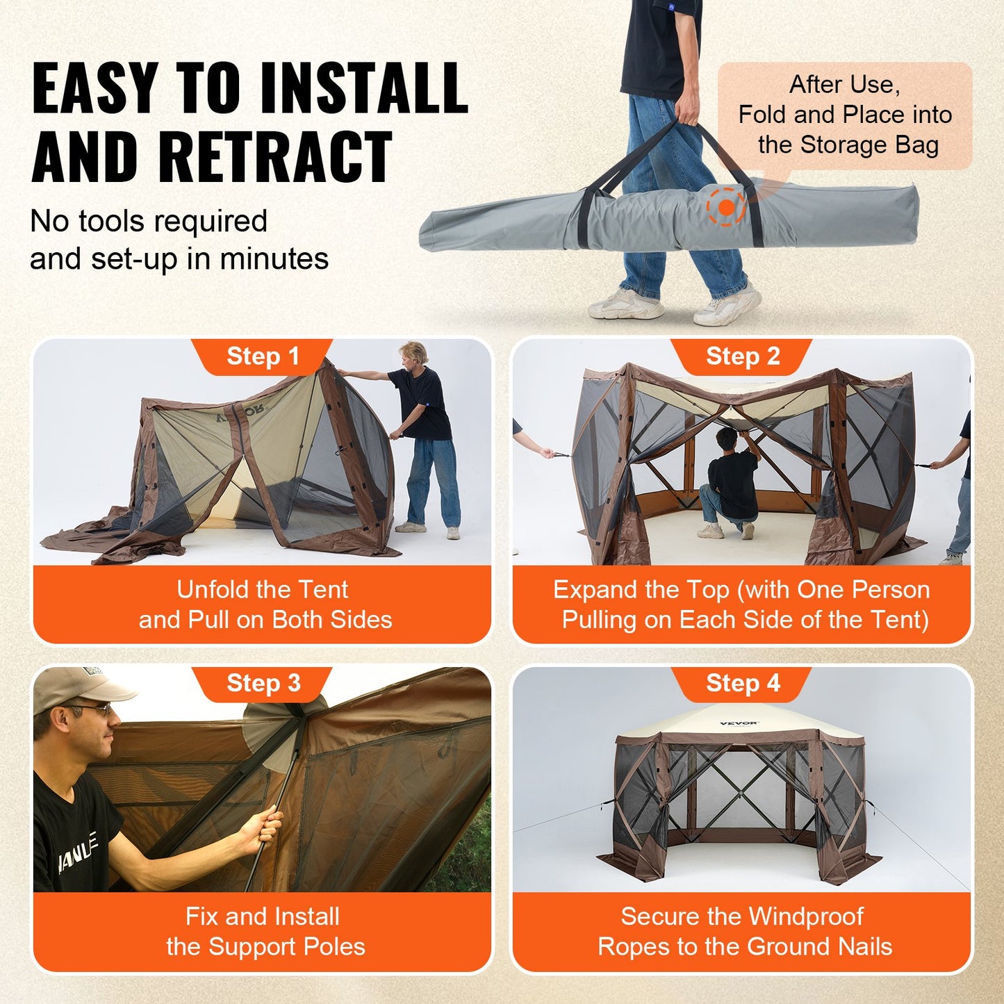 Pop Up Gazebo Tent, Pop-Up Screen Tent 6 Sided Canopy Sun Shelter With 6 Removable Privacy Wind Cloths & Mesh Windows, 12.5x12.5FT Quick Set Screen Tent With Mosquito Netting, Brown