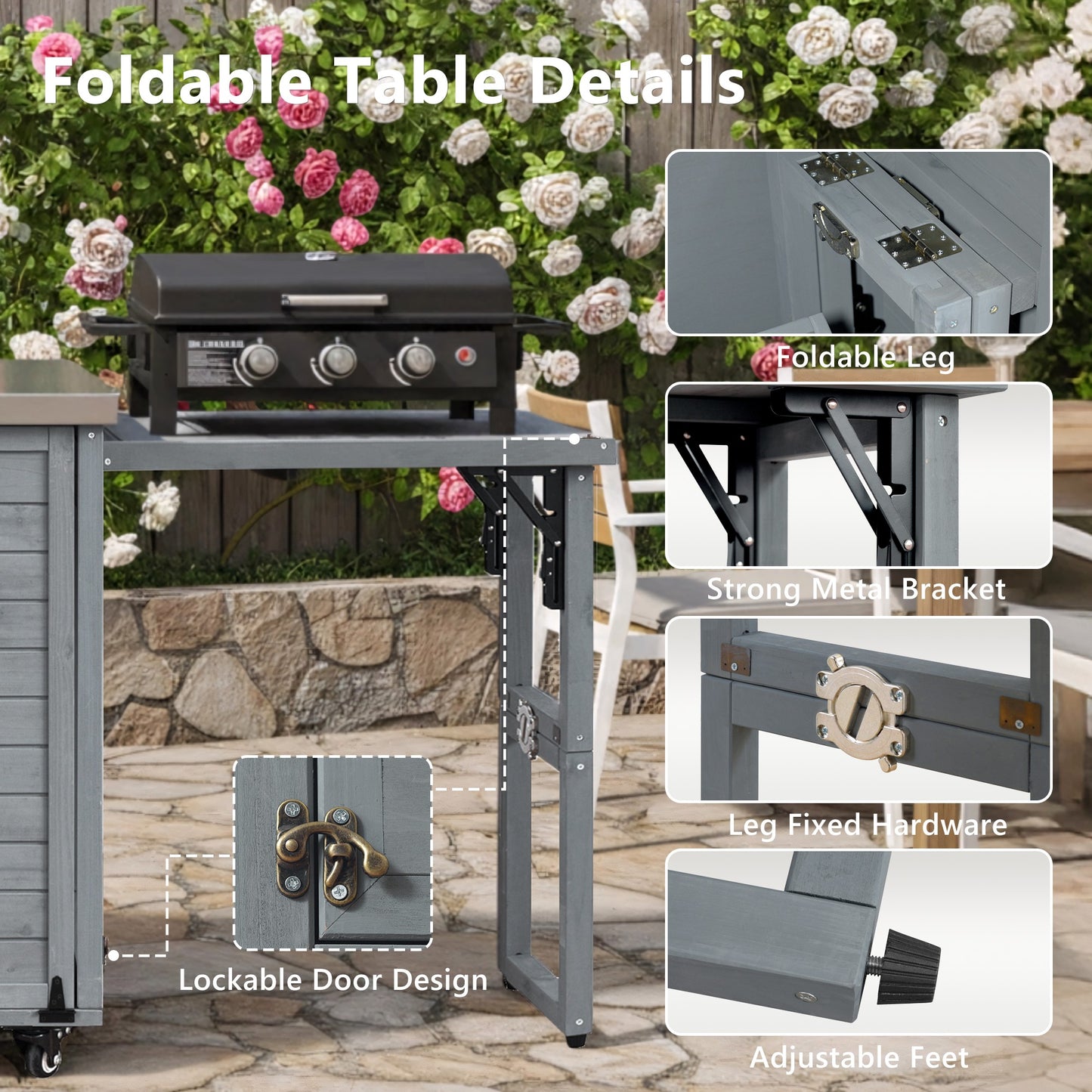 K&K 78.3 Outdoor Kitchen Island With Foldable Grill Table, Wooden Outdoor Grill Cart With Trash Can Storage & Stainless Steel Top, Outdoor Bar Cart, Pizza Oven Table For Lawn & Garden, Grey Blue