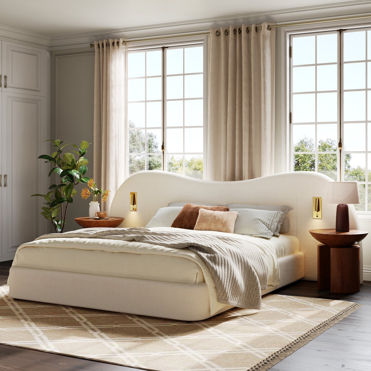 Upholstered Bed, Double Bed, 180 X 200 Cm, Hydraulic Bed With USB Charging Port And Reading Lamp, Bed With Slatted Base, Headboard, And Ample Storage Space, Upholstered Headboard, White Boucle