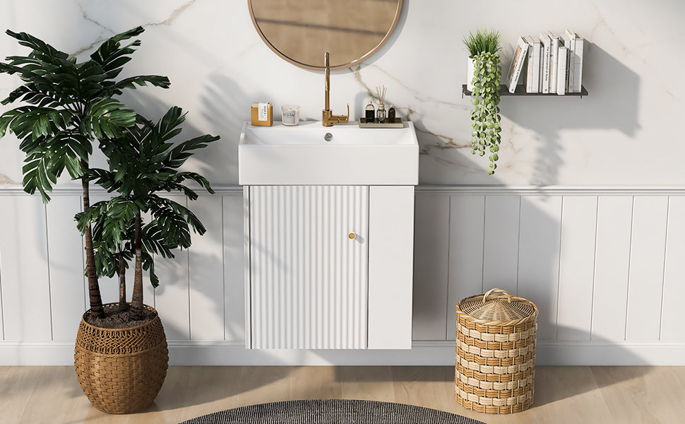 Video 21.6inch Modern Floating Bathroom Vanity With Ceramic Basin - Perfect For Small Bathrooms, Right Side Storage