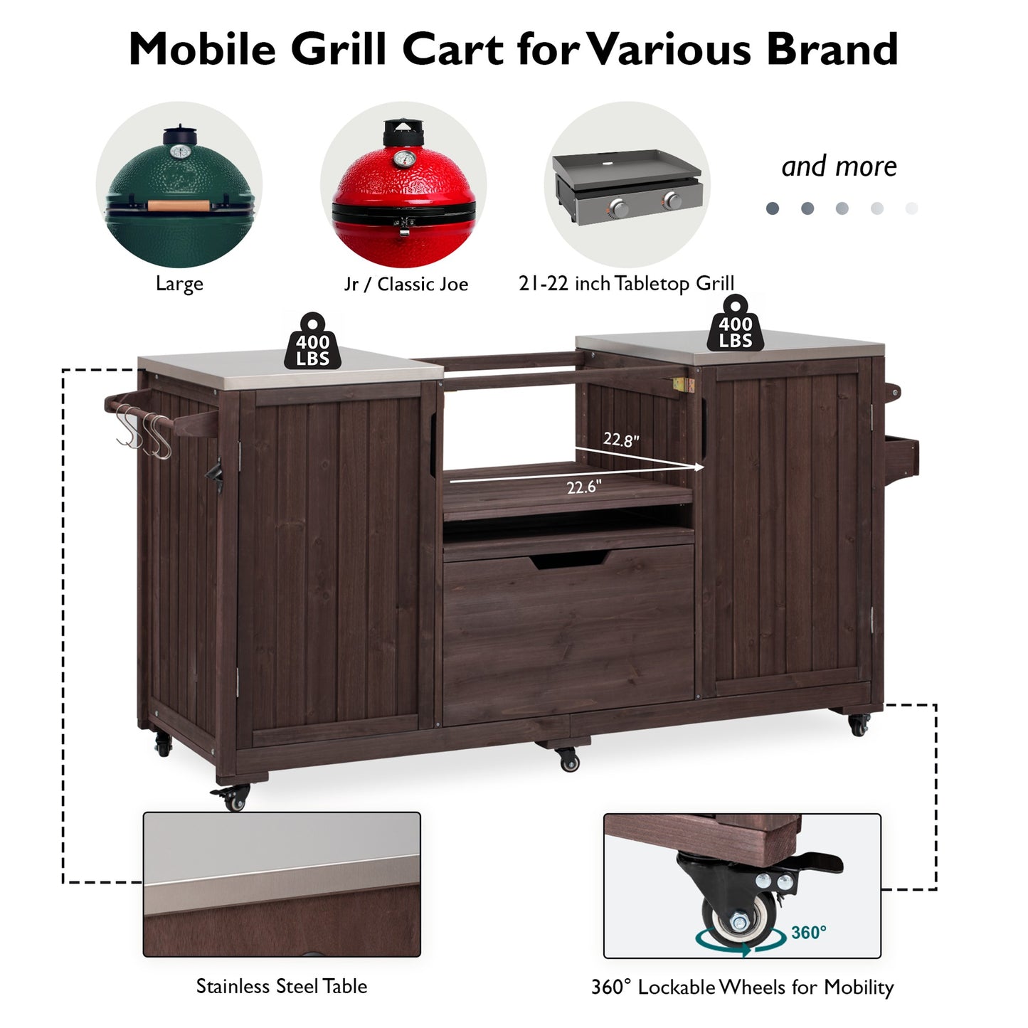 K&K 66.5 Outdoor Kitchen Island, Solid Wood Outdoor Grill Cart, Equipped With Stainless Steel Countertop And Drawers, Compatible With Large Green Egg Grill, Carducci Dark Brown.