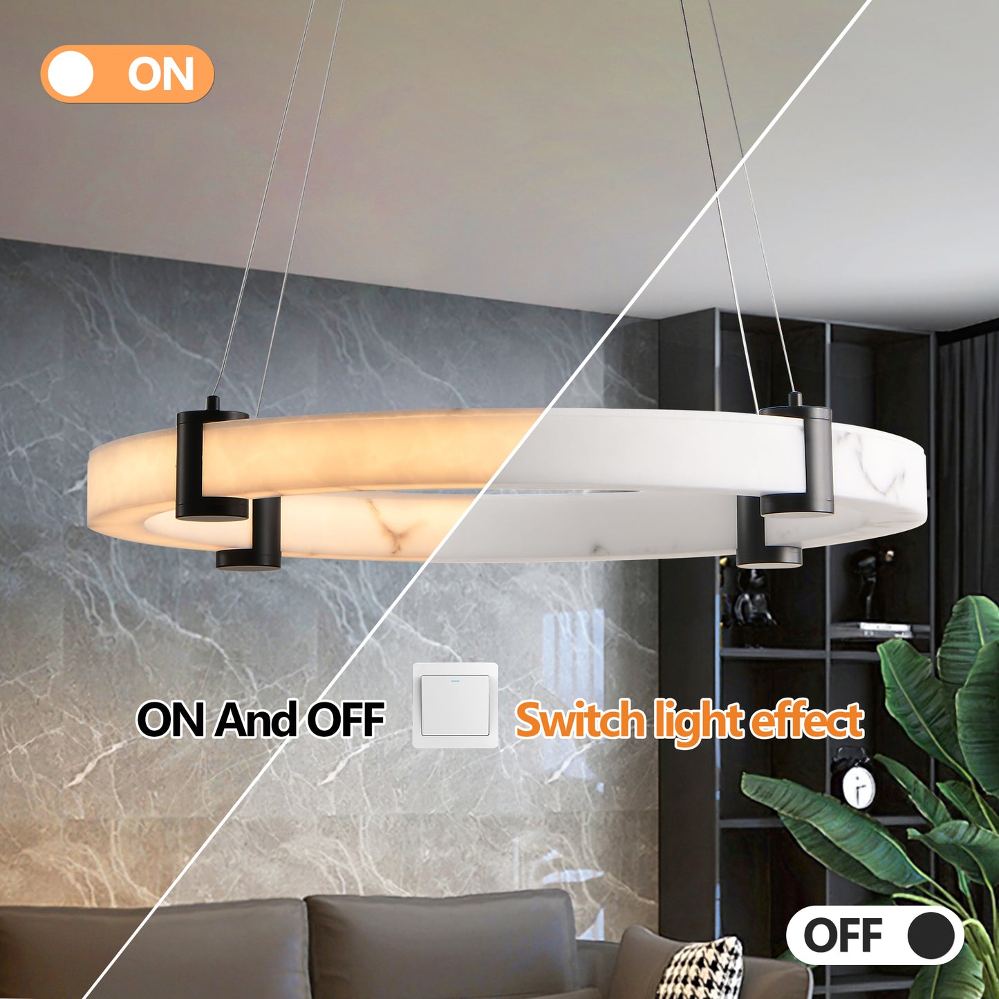 Modern LED Pendant Light, 24-Inch Round Hanging Chandelier With Adjustable Height, Marble Finish Resin Ring Ceiling Light For Dining Room, Kitchen Island, Living Room
