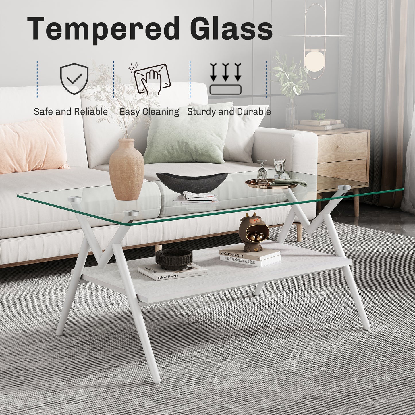 Coffee Table And End Tables Set Of 3, Tempered Glass Table With MDF Layer, Modern Tables For Living Room , Transparent Glass