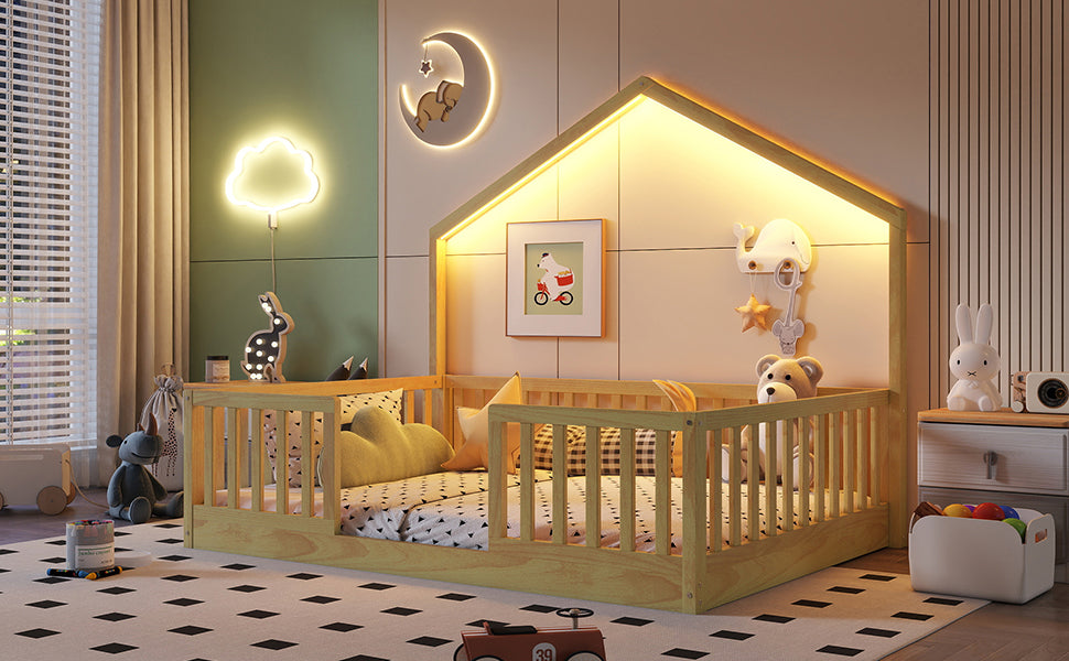 Full Floor Bed With High Rails, Wooden Montessori Bed With Light For Kids, Boys And Girls,NaturalExpect Arrival Date 2026 3 16