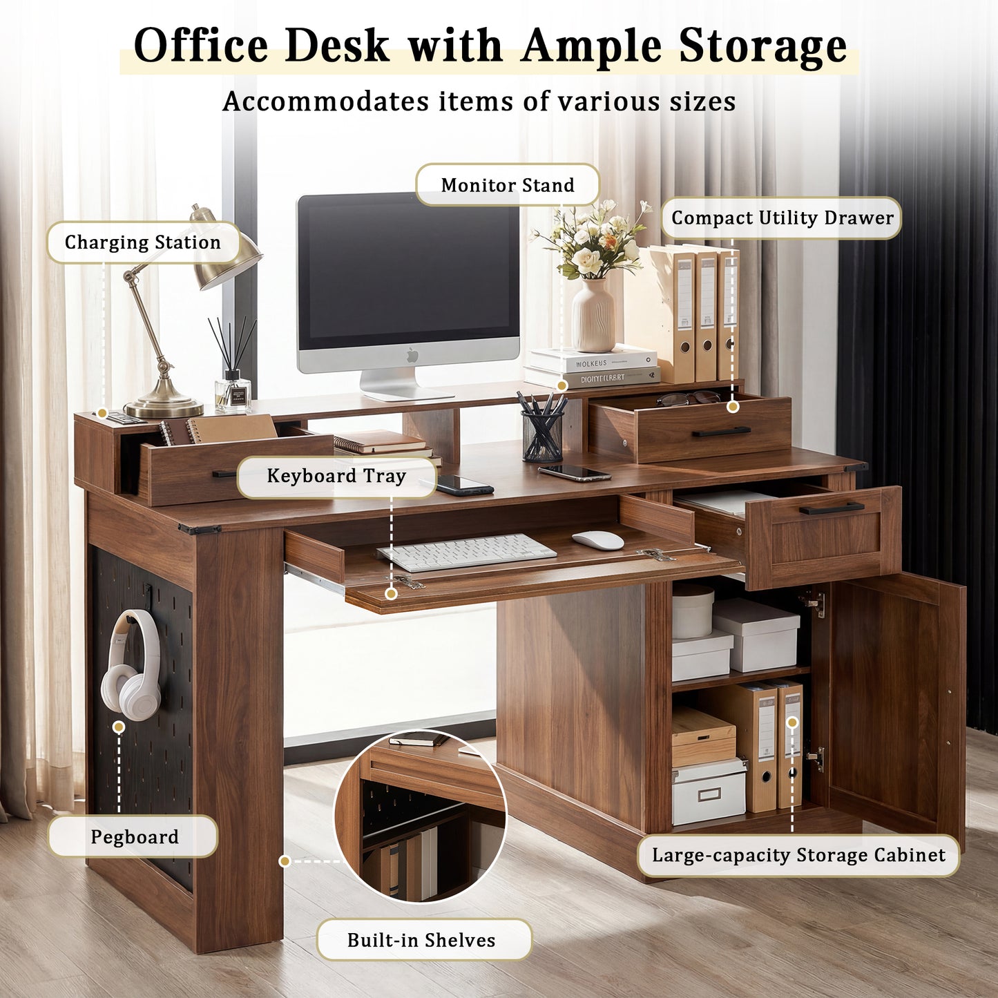 55 Farmhouse Office Desk With Storage Cabinet Charging Station, Barn Door Design Computer Writing Desk With Keyboard Tray, Monitor Stand & Pegboard For Study, Living Room, Home Office, Dark Walnut