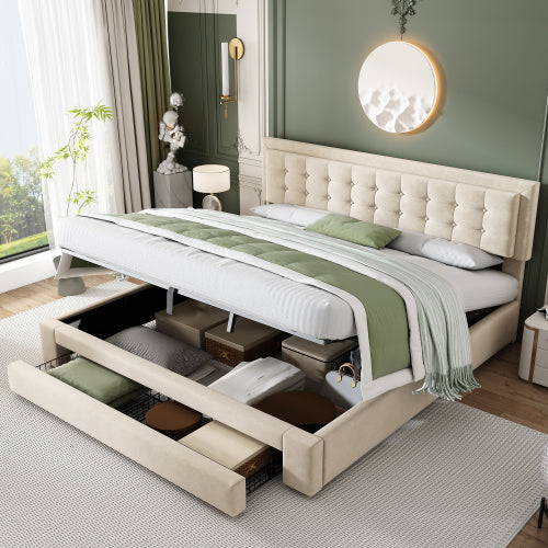 Upholstered Bed King Size Bed 5ft 150x200cm Velvet Fabric Double Bed Large Storage Space,With Slats And Headboard,Without Mattress,Grey