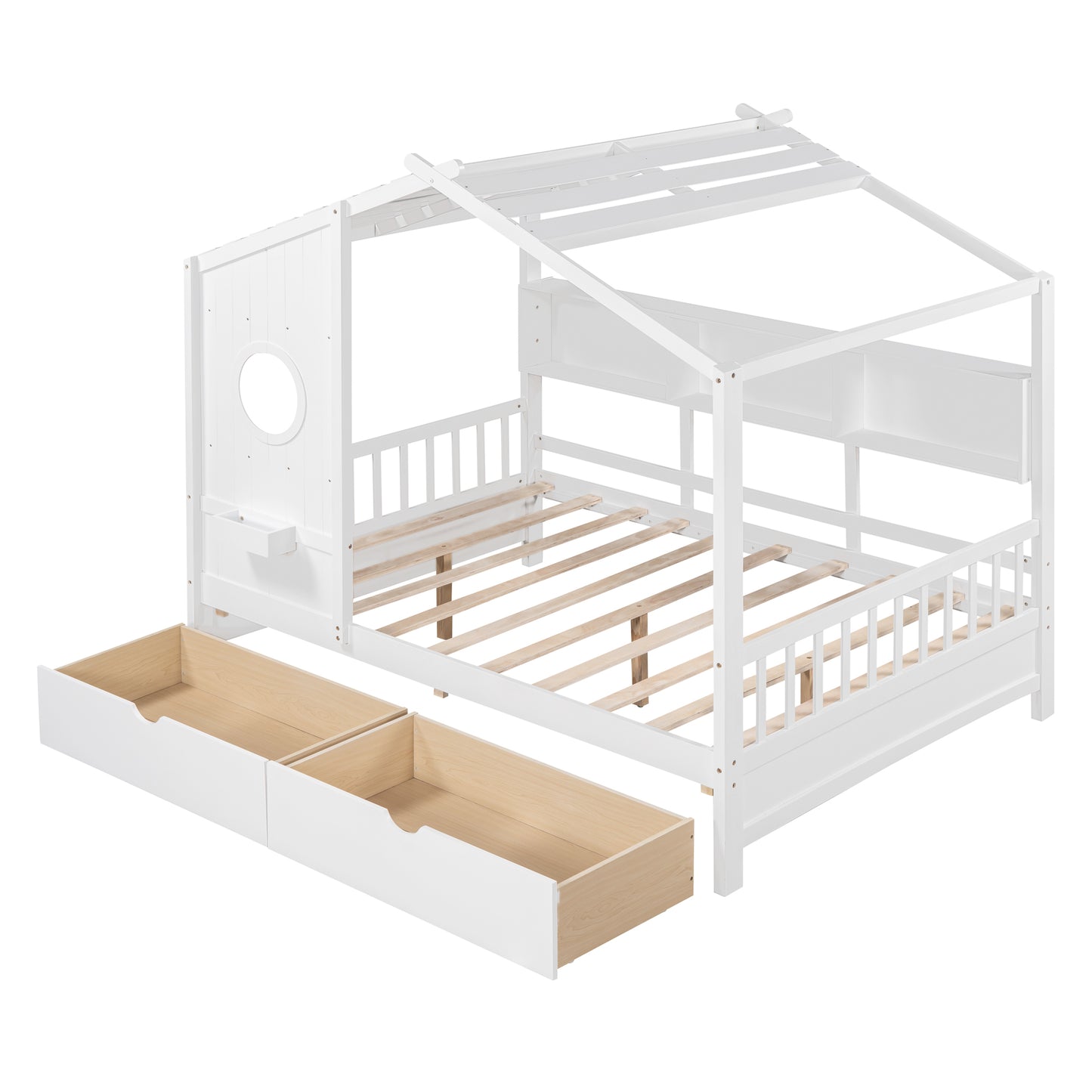 Wooden Full Size House Bed With 2 Drawers,Kids Bed With Storage Shelf, White