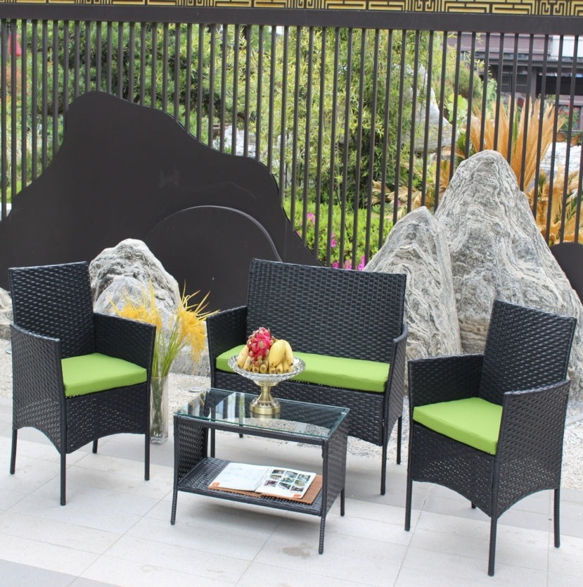 4PC Rattan Patio Furniture Set Outdoor Wicker Sofa W Green Cushions