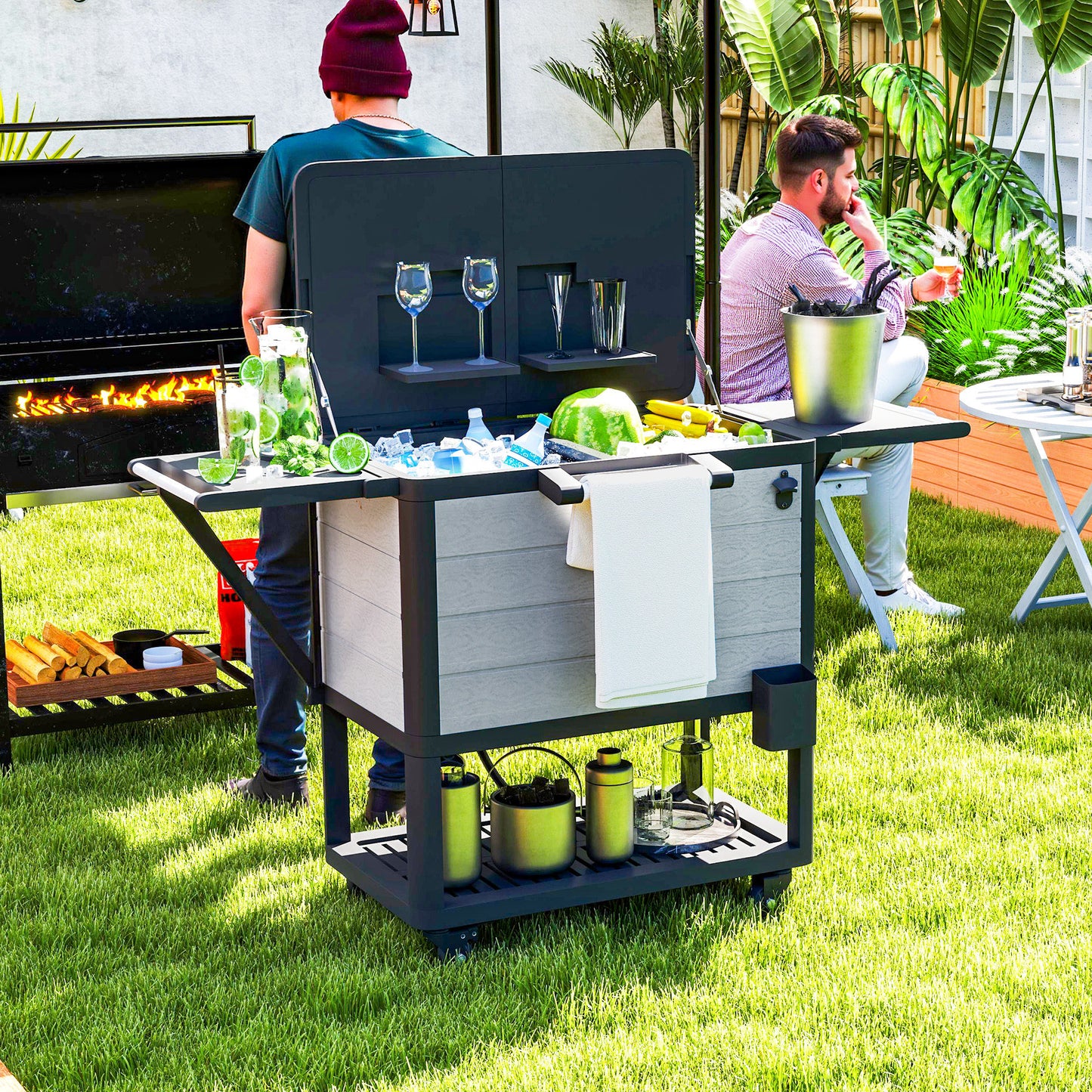 104 Quart Large Capacity Outdoor Cooler Cart, Patio Rolling Ice Chest With Bottle Opener Shelves Wheels, Gray