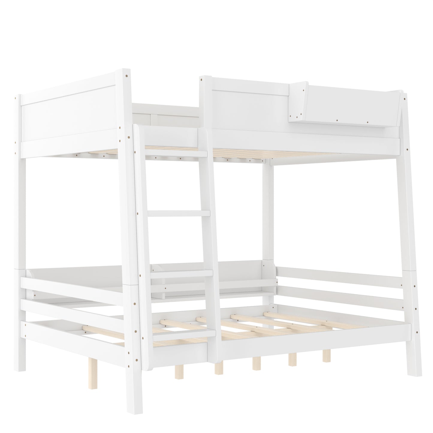 Full Bunk Bed With Storage Shelf And Bookshelf,Wood Bunk Bed With Ladder And Guardrails,Detachable Design,White