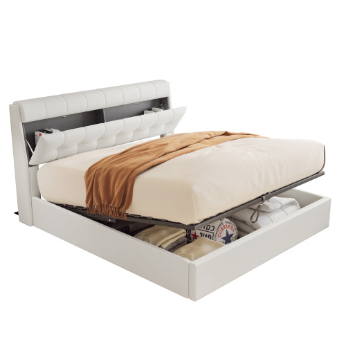 Fashion Upholstered Bed,150x200 5ft, King Bed,Hydraulic Bed,Concealed Headboard Storage,Bed Box Storage,PU,With Slats And Headboard,Without Mattress,Cream White