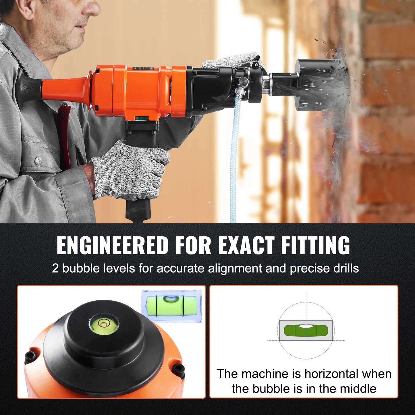 Diamond Core Drilling Machine, 4in Handheld Wet Concrete Core Drill Rig, 1100-2400RPM Two Speed & 1-1/4' Thread & 2 Bubble Levels, 3-4in Drilling Diameter For Concrete Brick Block Stone, 1500W