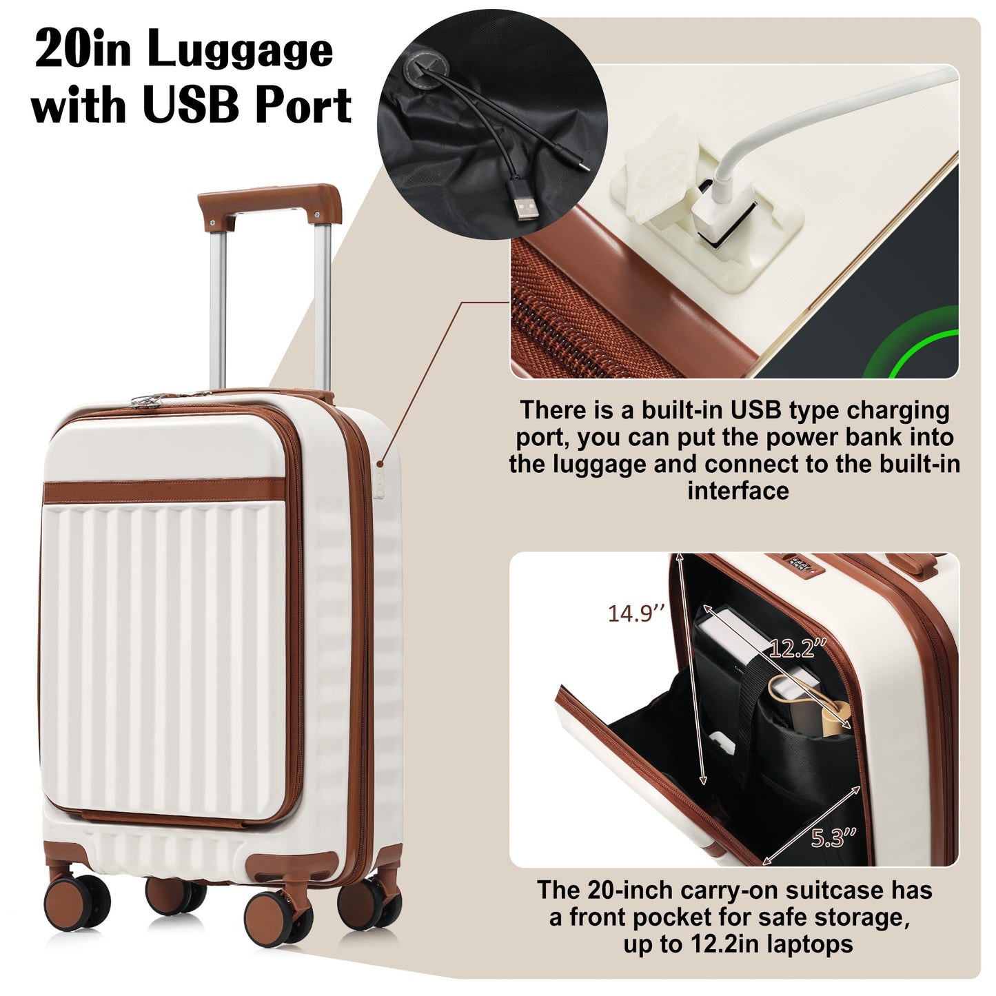 Luggage Set Of 3, 20inch With USB Port, Front Opening Design Airline Certified Carry On Luggage, ABS Hard Shell Luggage With Spinner Wheels,White And Brown