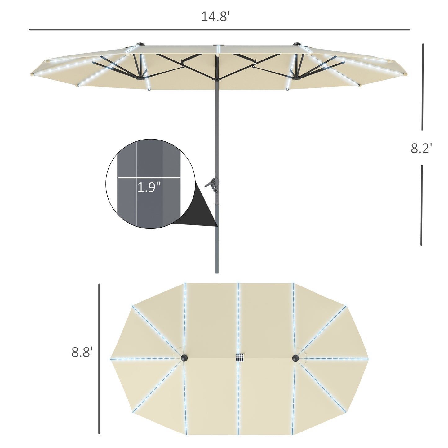 15ft Double-Sided Outdoor Umbrella With Solar Lights, Extra Large Aluminum Patio Umbrella With Crank, Cream White