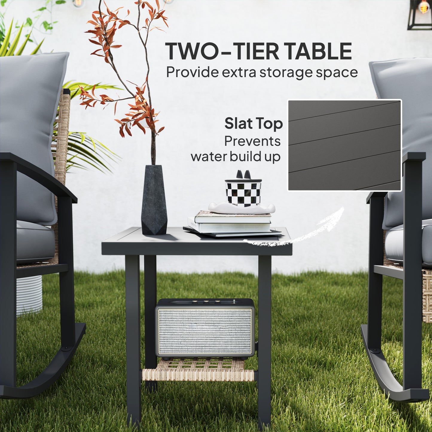 3 Pieces Bistro Set, Patio Wicker Furniture Set with Button Tufted Cushions, Rattan Rocking Chairs, Coffee Table, Gray
