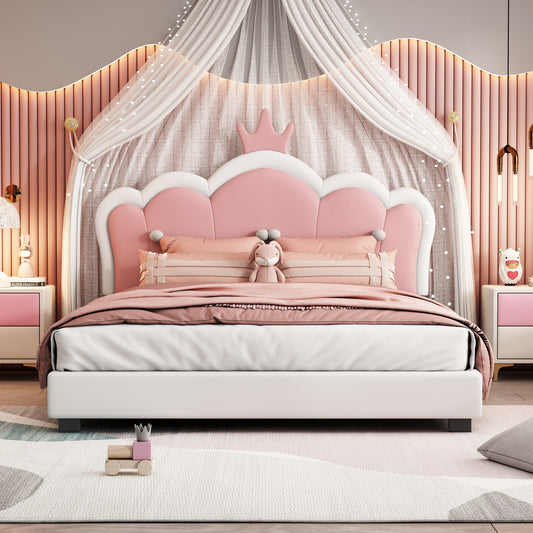 Full Size Upholstered Princess Bed With Crown Headboard,Full Size Platform Bed With Headboard And Footboard, Cream Pink