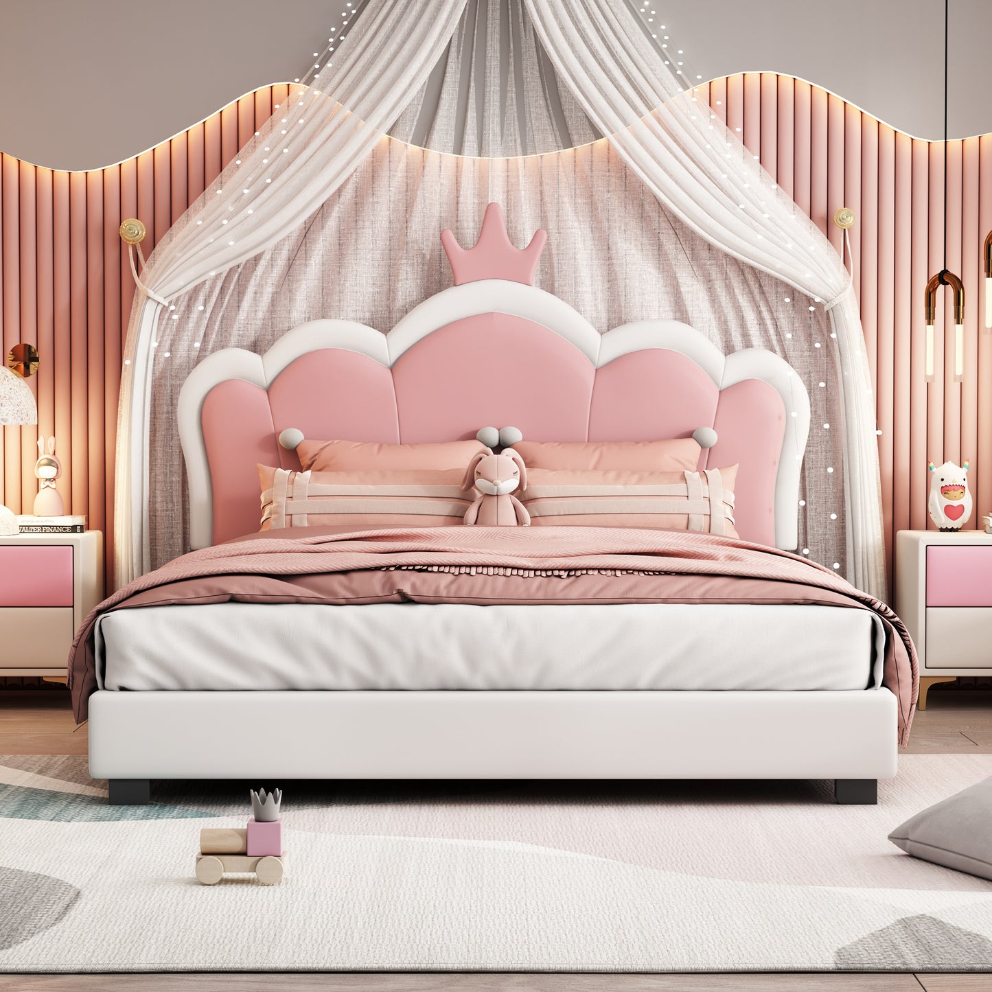 Full Size Upholstered Princess Bed With Crown Headboard,Full Size Platform Bed With Headboard And Footboard, Cream Pink