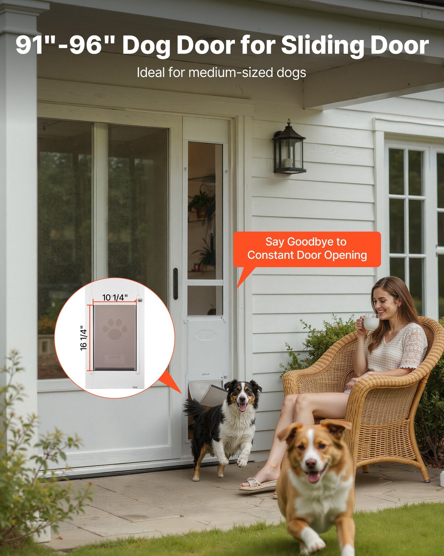 Dog Door For Sliding Glass Door, 91 To 96 In Adjustable Height, Aluminum Alloy Frame With Metal Rotating Hinges, Lock Design, 10 1/4 X 16 1/4 In Flap, Sliding Glass Pet Door For Renters