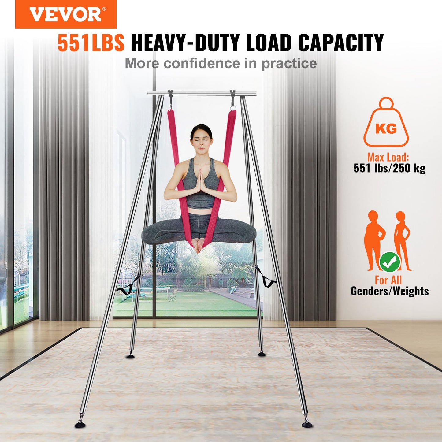 Aerial Yoga Frame & Yoga Hammock, 9.67 Ft Height Professional Yoga Swing Stand Comes With 6.6 Yards Aerial Hammock, Max 551.15 Lbs Load Capacity, Yoga Rig For Indoor Outdoor Aerial Yoga, Red