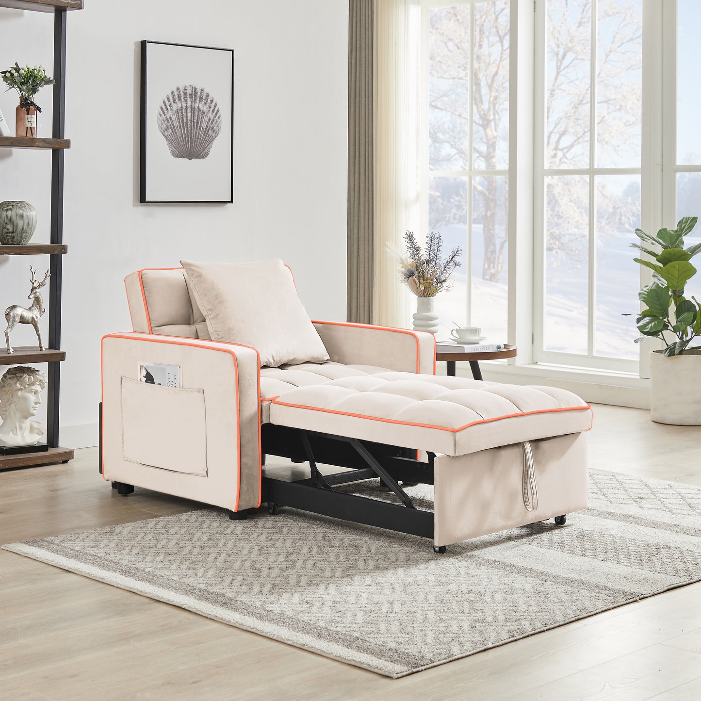 Three-in-one Sofa Bed Chair Folding Sofa Bed Adjustable Back Into A Sofa Recliner Single Bed  Modern Chair Bed Berth Creamy White