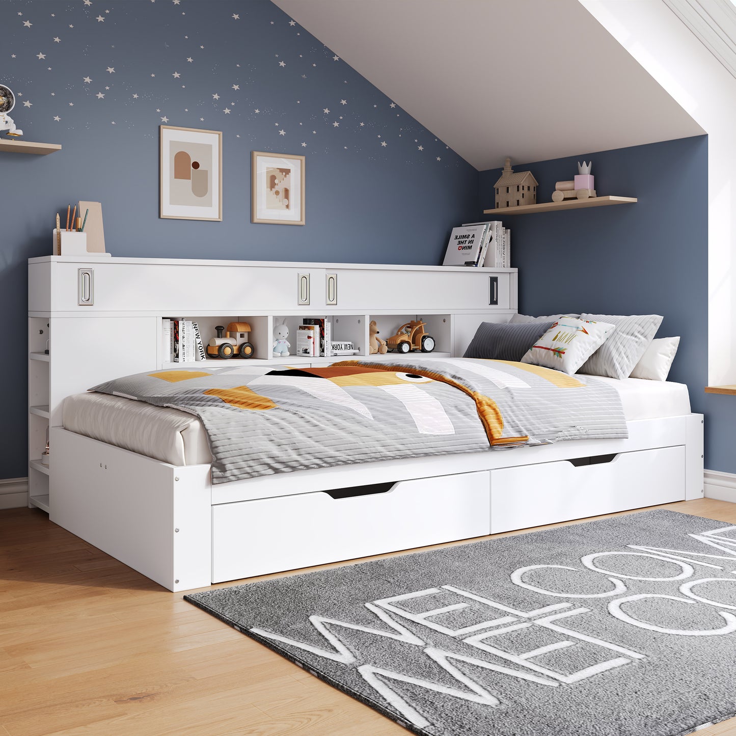 Sofa Bed, Storage Dayed,Double Bed-4ft6135x190 Cm, Multifunctional Storage Bed With Drawers, Shelves And Storage Cabinets, Bed Box With Storage Space, Suitable For Adults, Mattress Not Included, White