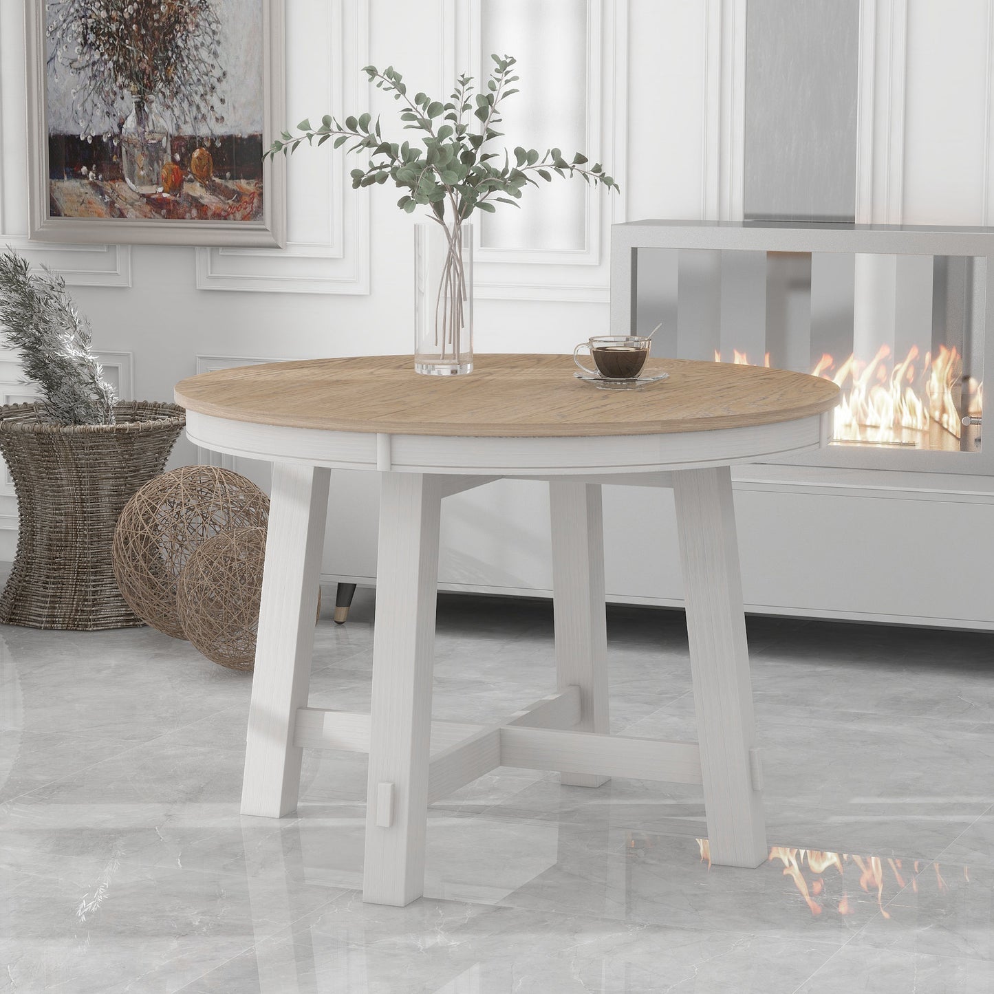 TREXM Farmhouse Round Extendable Dining Table With 16 Leaf Wood Kitchen Table  Oak Natural Wood  Antique White