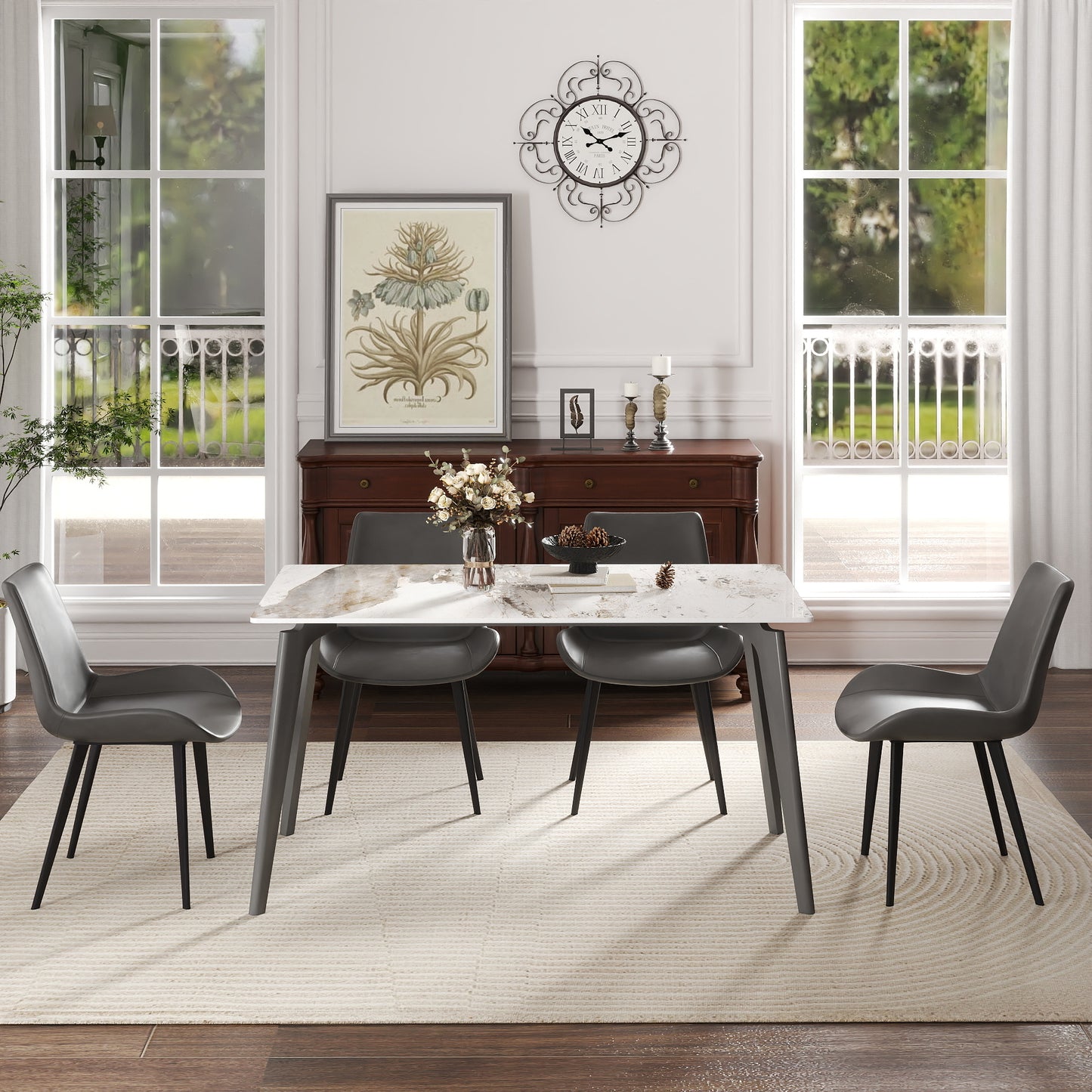 55.12  Modern Artificial Stone White Pandora Straight Edge Dark Grey Metal Leg Dining Table-Can Accommodate 6 People Dining Table Only
