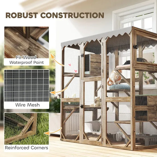 Outdoor Cat Enclosure With Window Access, 5 Platforms And 2 Resting Boxes, Waterproof Roof For Multiple Cats