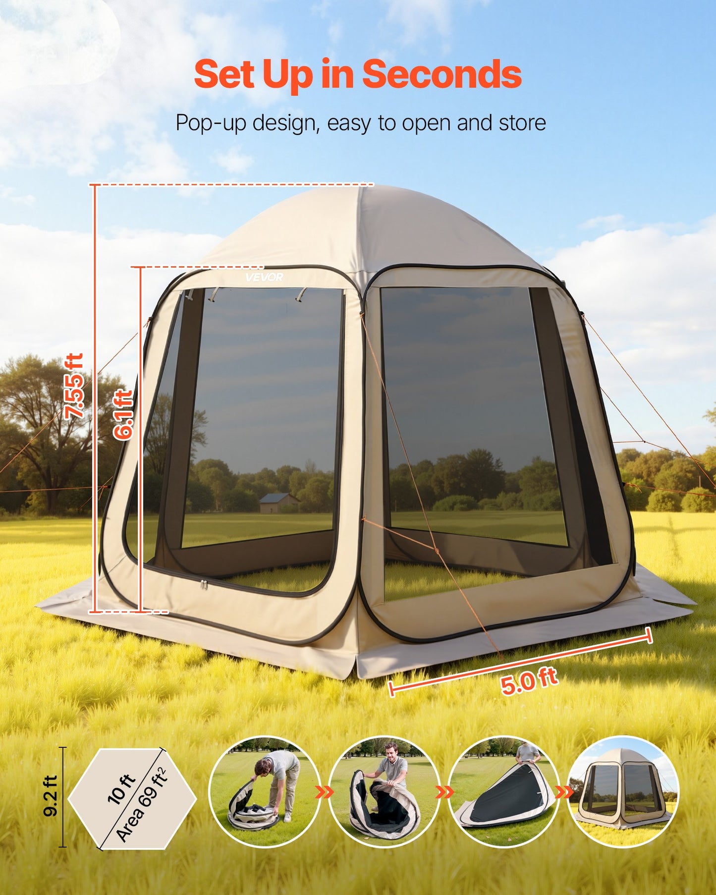 Screen House Tent, 10 X 9.2 Ft, 4-8 Person Pop Up Screen Tent, Portable Screened In Canopy With Carry Bag, Netting Sides, Ground Stakes, For Garden, Patio, Backyard, Outdoor Activities, Beige