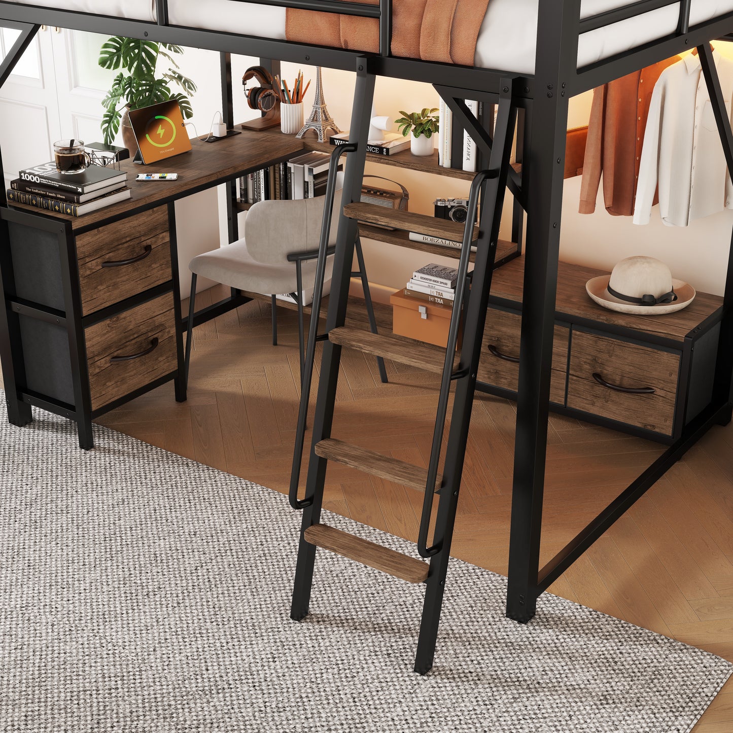 Full Size Loft Bed With Desk And Light, Metal Loft Bed With Storage Shelves, Wardrobe And Drawers For Boys GirlsOld SKU W2593S00032