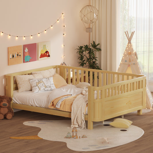 Queen Size Wood Platform Bed, Wood Low Profile Queen Bed With Rails For Girls And Boys,NaturalExpect Arrival Date 2026 3 30