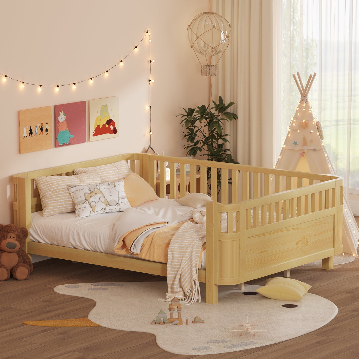 Queen Size Wood Platform Bed, Wood Low Profile Queen Bed With Rails For Girls And Boys,NaturalExpect Arrival Date 2026 3 30