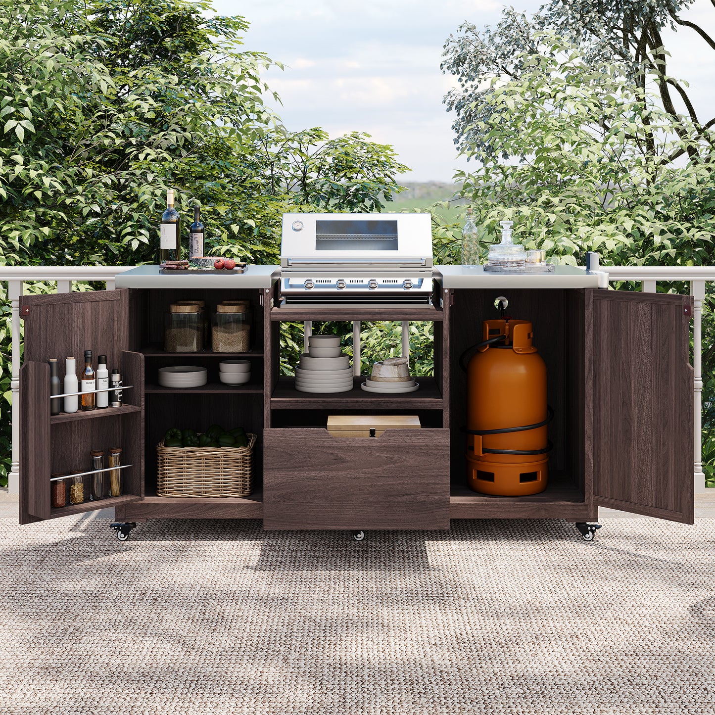 K&K 66.5 Outdoor Kitchen Island, Solid Wood Outdoor Grill Cart, Equipped With Stainless Steel Countertop And Drawers, Compatible With Large Green Egg Grill, Carducci Dark Brown.