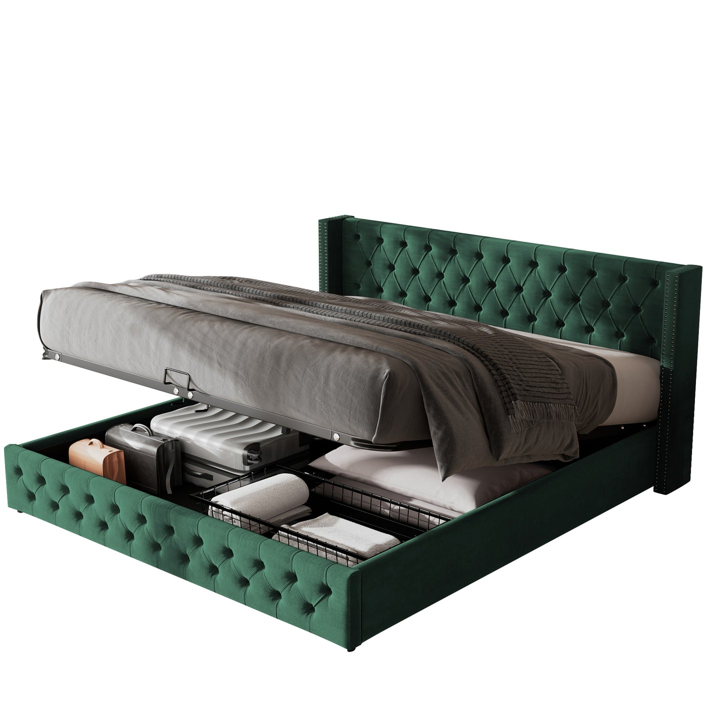 Upholstered Bed, 135x190, With Hydraulic Lever, Functional Bed From Storage,velvet, Green
