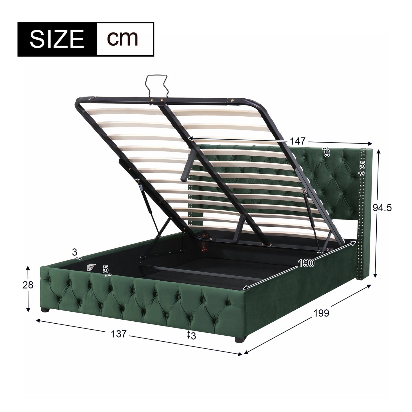 Upholstered Bed, 135x190, With Hydraulic Lever, Functional Bed From Storage,velvet, Green