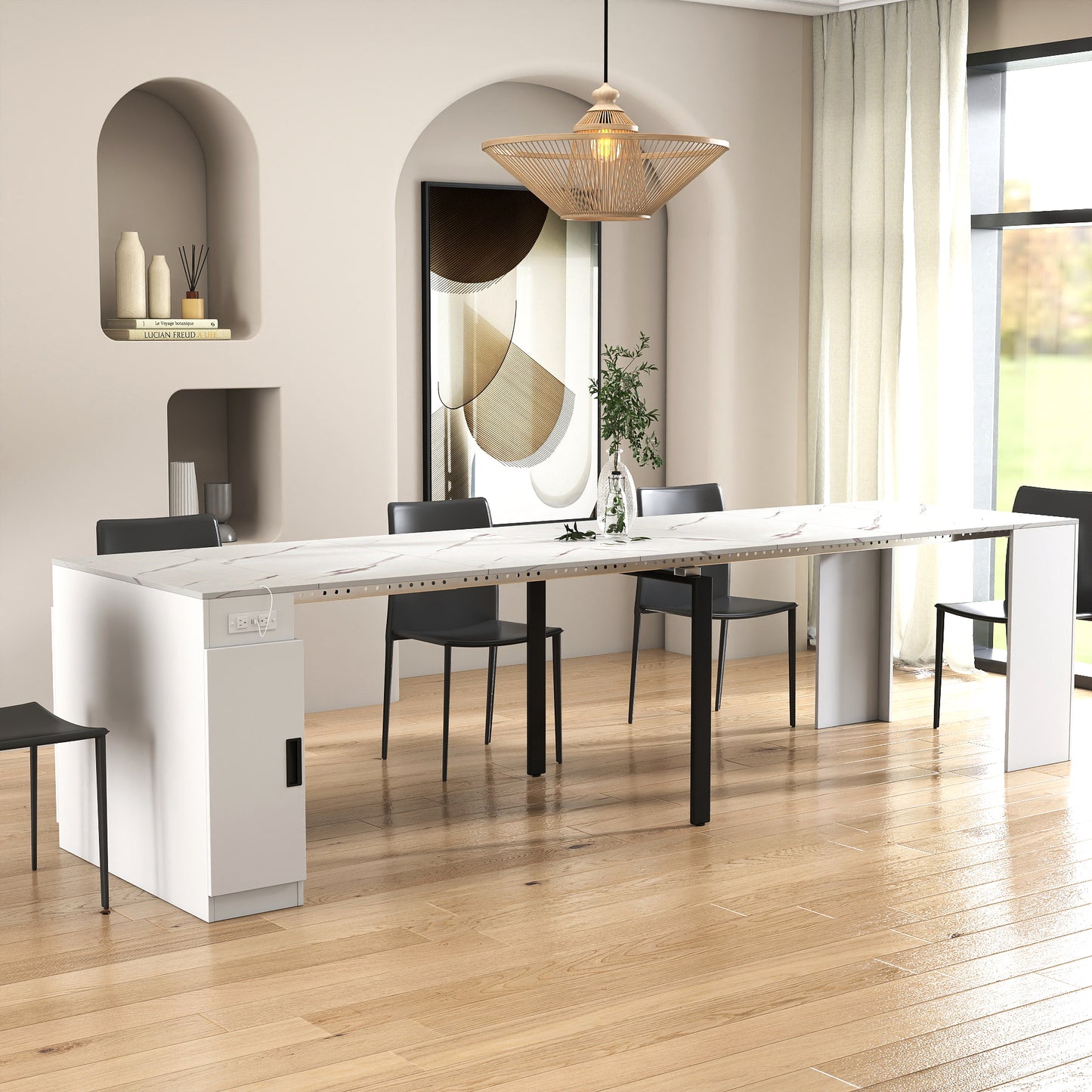 Modern Multifunctional Extendable Dining Table With Outlet, Space Saving Expanding Table With Storage For Party, Weddings, Meetings, Celebrations