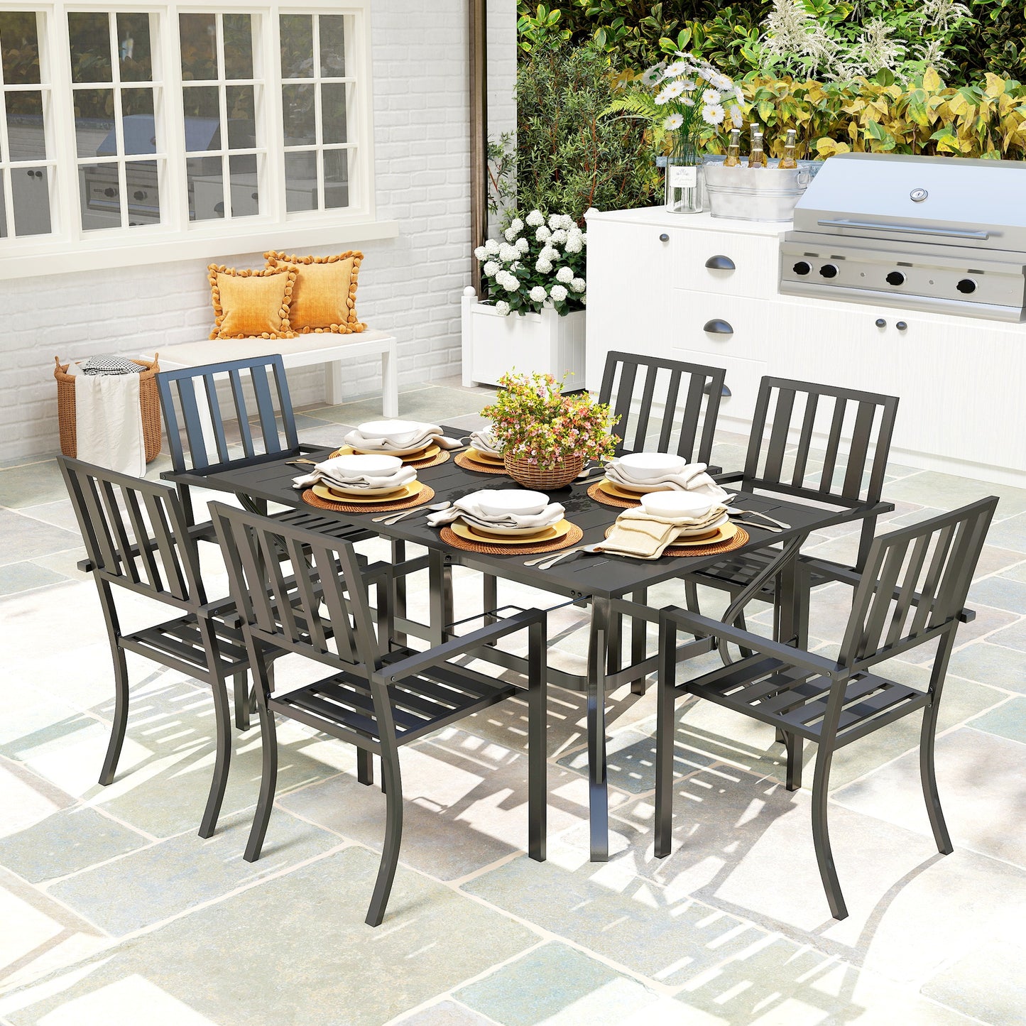 7 Pieces Garden Table And Chairs 6 Seater Outdoor Table And Chairs With Umbrella Hole, For Poolside, Garden, Black