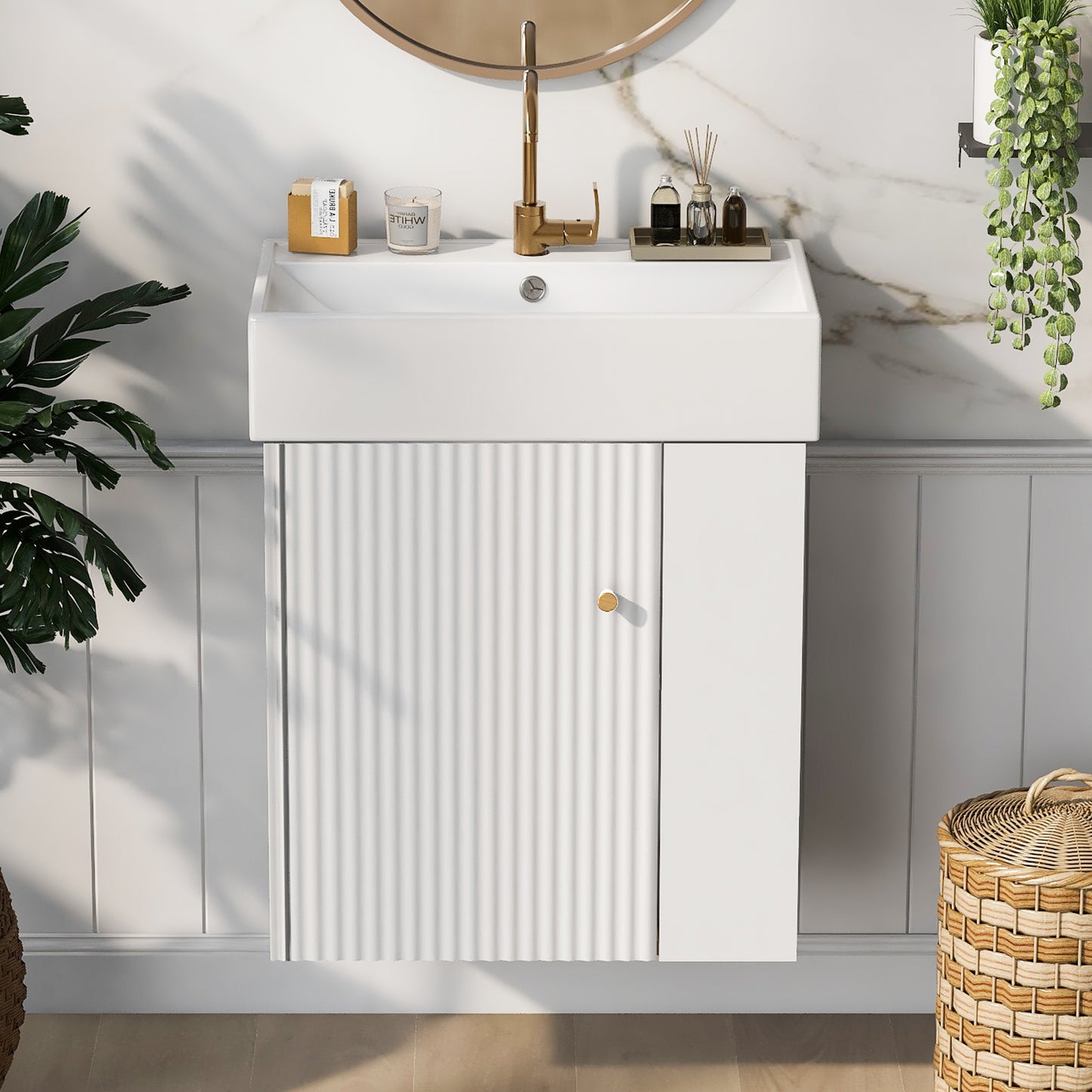 Video 21.6inch Modern Floating Bathroom Vanity With Ceramic Basin - Perfect For Small Bathrooms, Right Side Storage