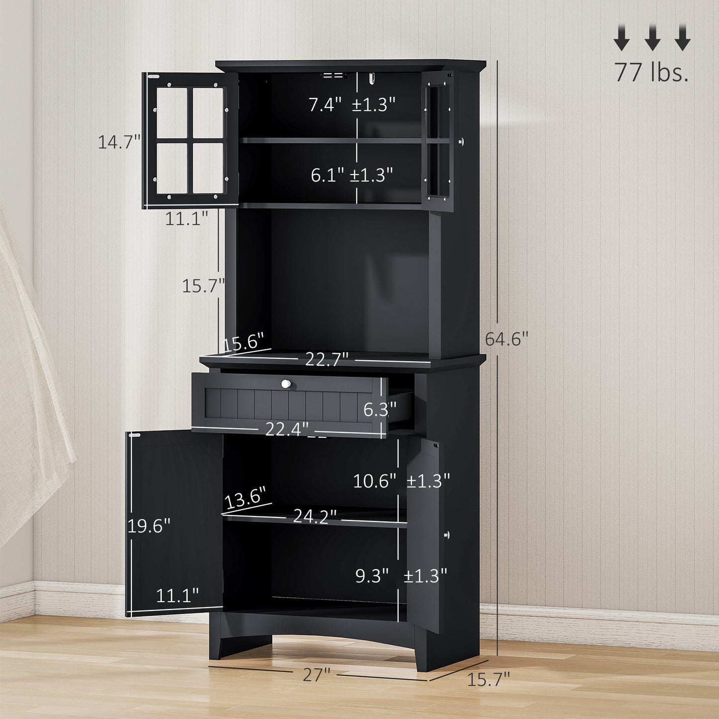 Elegant Buffet With Hutch, Kitchen Pantry Storage Cabinet With Framed Glass Door Drawer And Microwave Space, Black