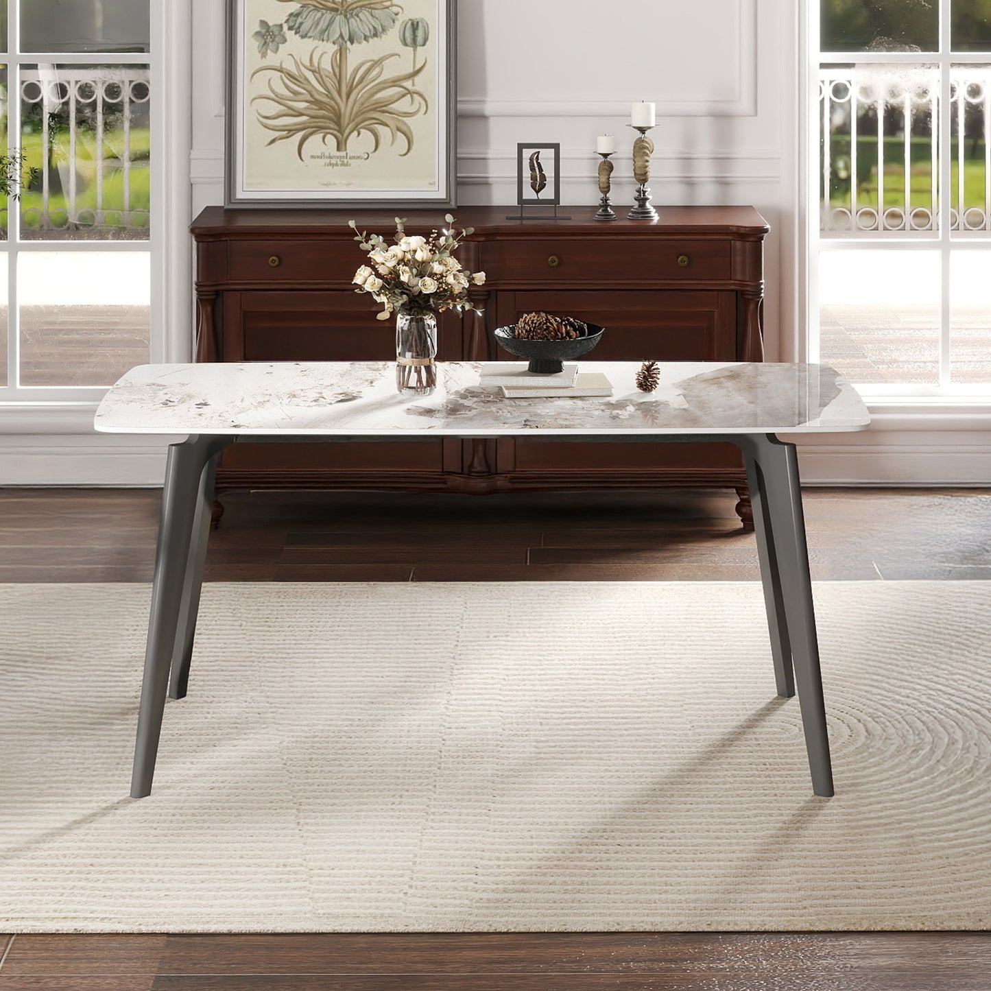 62.99  Modern Artificial Stone White Pandora Curved Edge Dark Grey Metal Leg Dining Table-Can Accommodate 6 People Dining Table Only