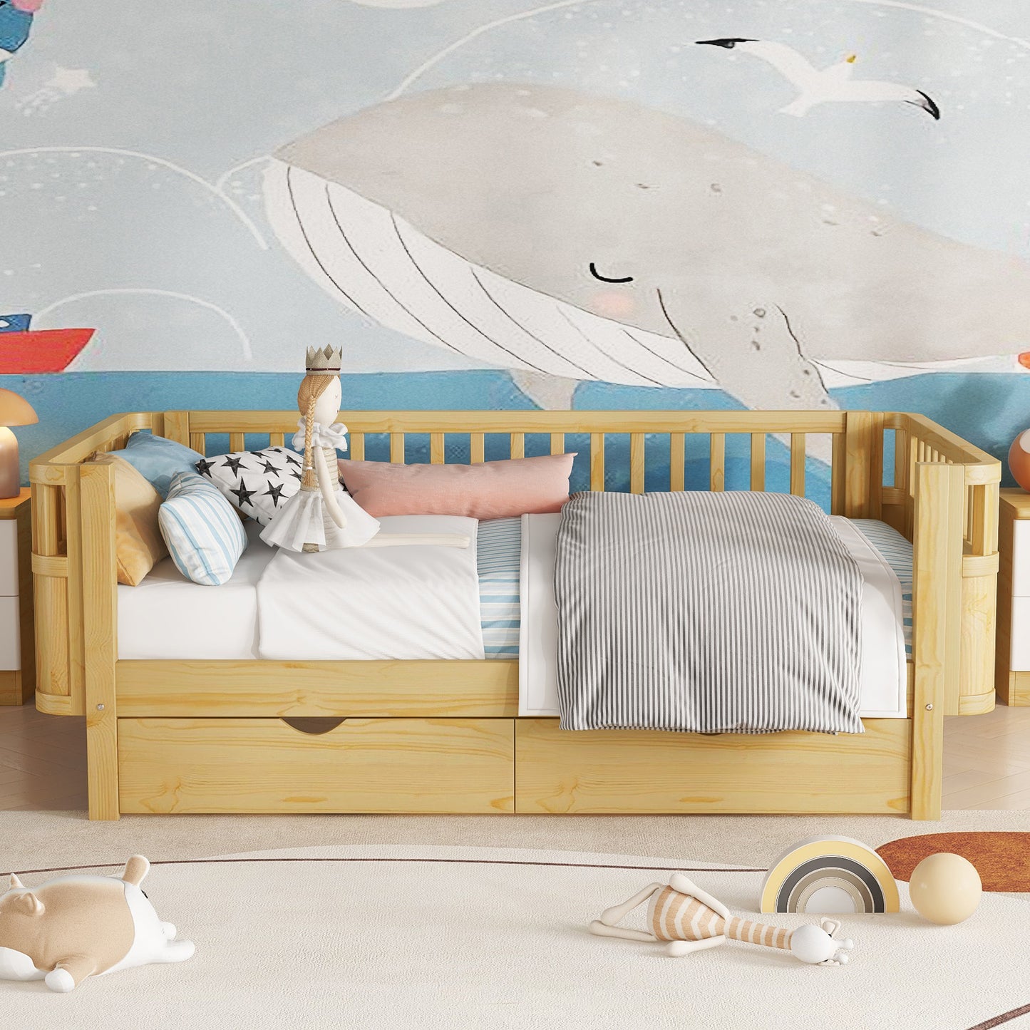 Twin Size Wood Platform Bed For Kids, Wood Low Profile Twin Bed With Rails For Girls And Boys, Natural Old SKU W2593P331680