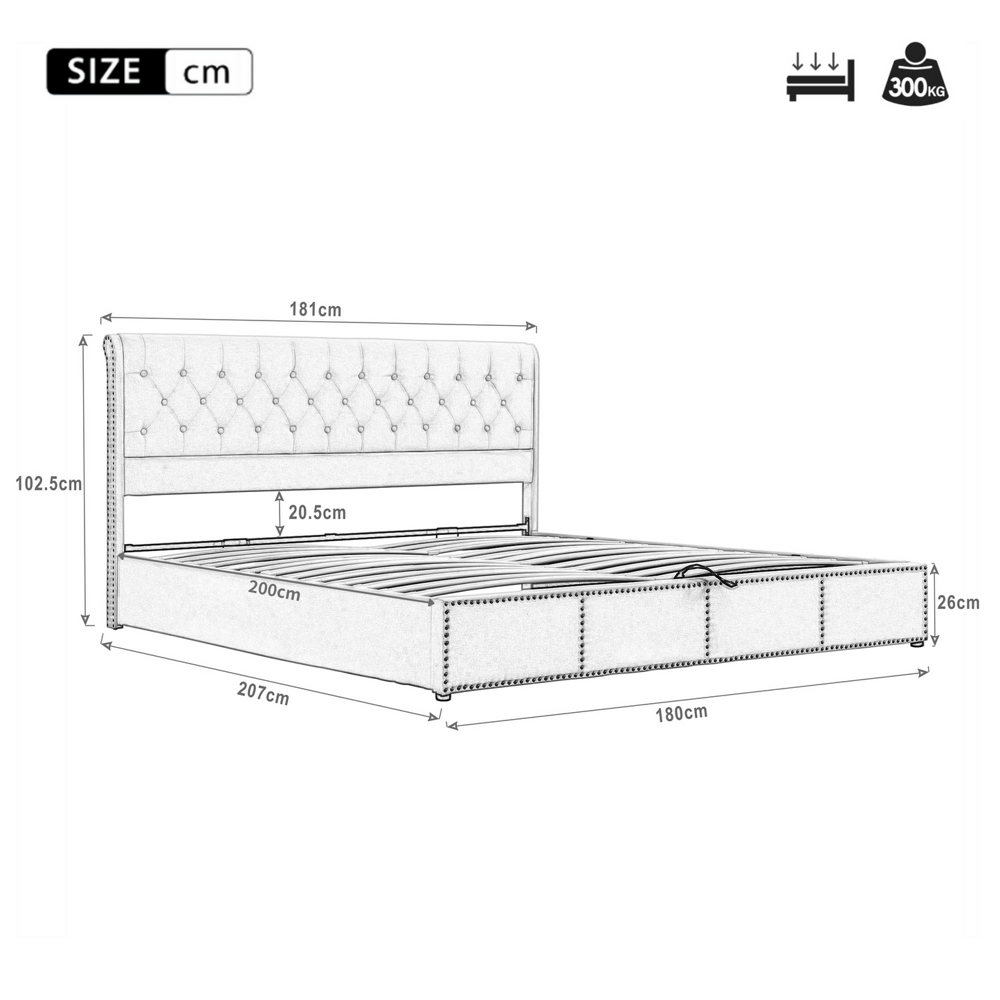 Upholstered Bed,Super King Size Bed-6ft 180x200cm,with Hydraulic Lever, Functional Storage Bed, Rivet Decoration, Without Mattress, Linen, Light Grey,